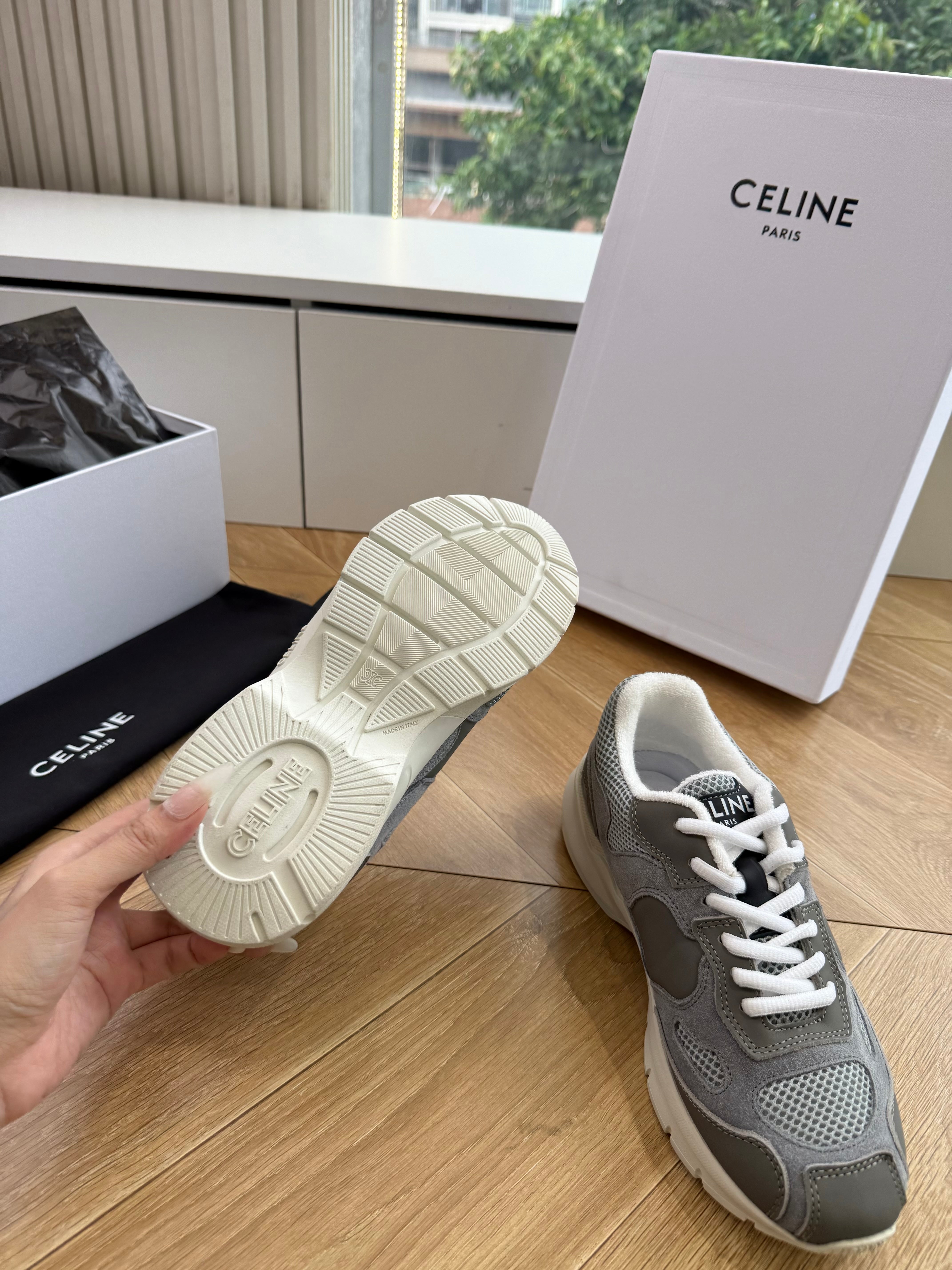 Celine 26s Runner Sneakers Grey/Ecru Mesh Suede Calfskin 967839