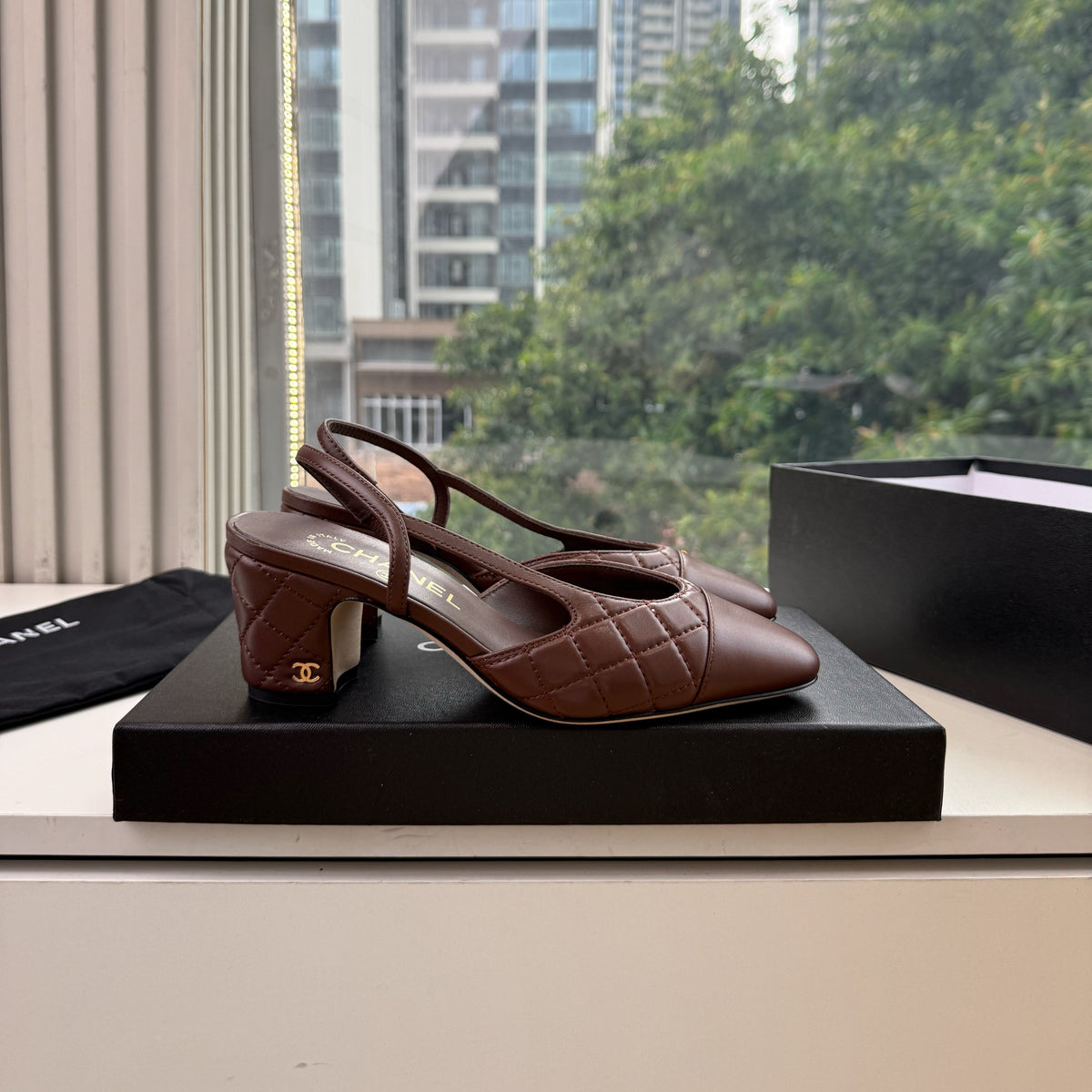 CC 26s Quilted Square Toe Slingback Pumps Brown Leather 126577
