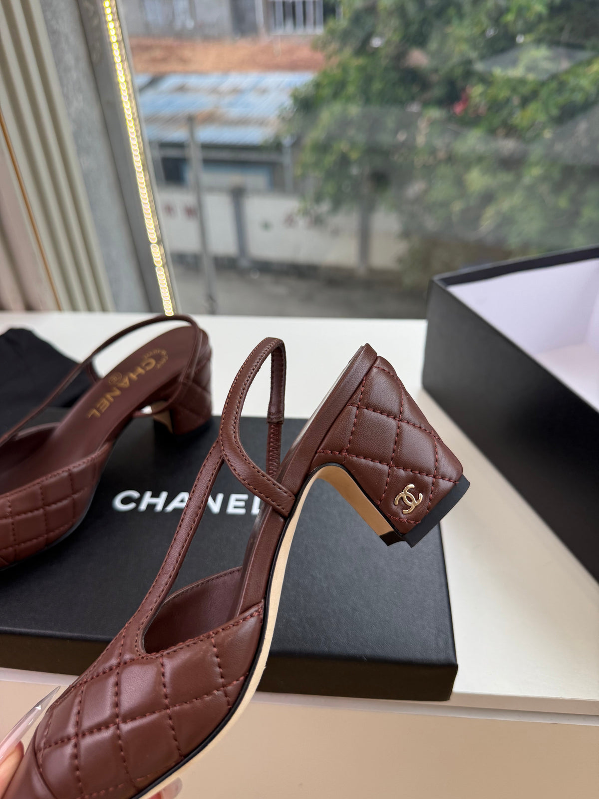 CC 26s Quilted Square Toe Slingback Pumps Brown Leather 126577
