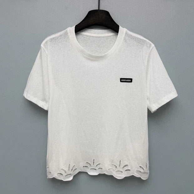 Miumiu 2026 Hollow-Out Embroidered Short-Sleeve T-Shirt White Cotton 392382