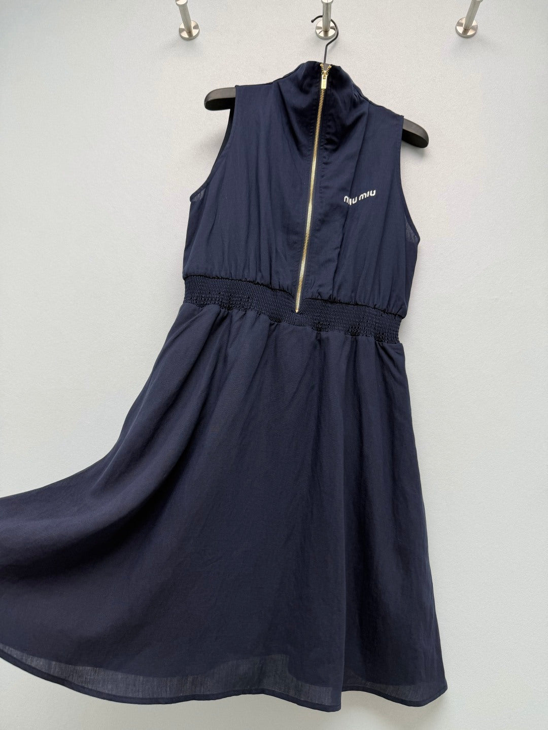 Miu Collar Zipper Sleeveless Waist-Cinching Dress Black Linen 394354