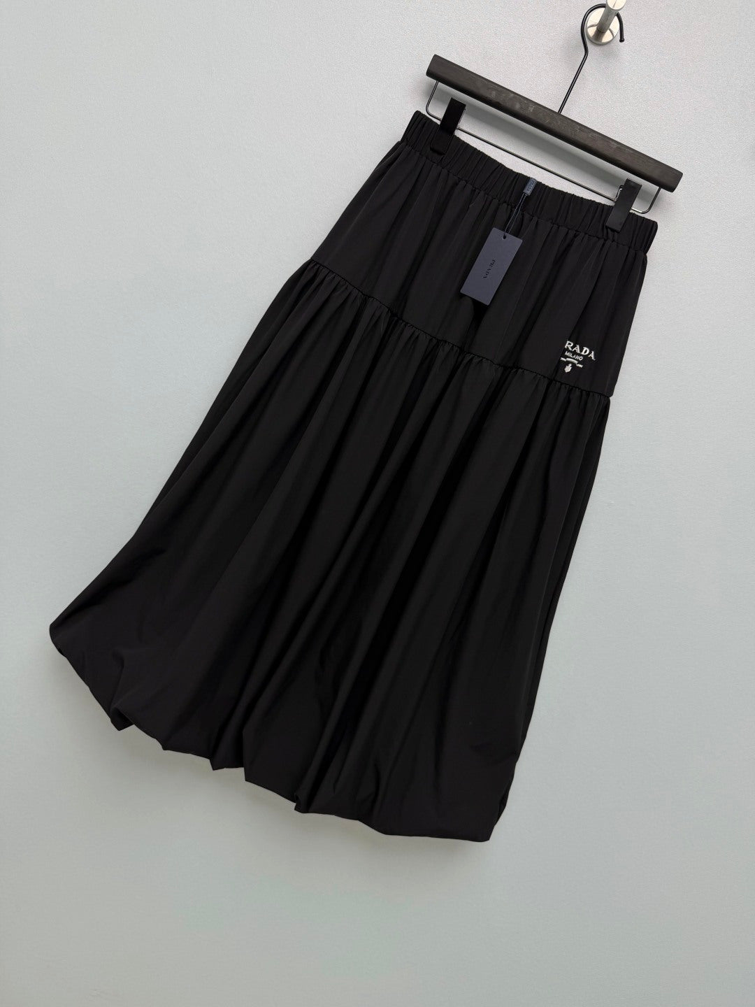 Prada 26s Elastic Waist Layered Tulip Skirt Black Cotton Polyester 411637
