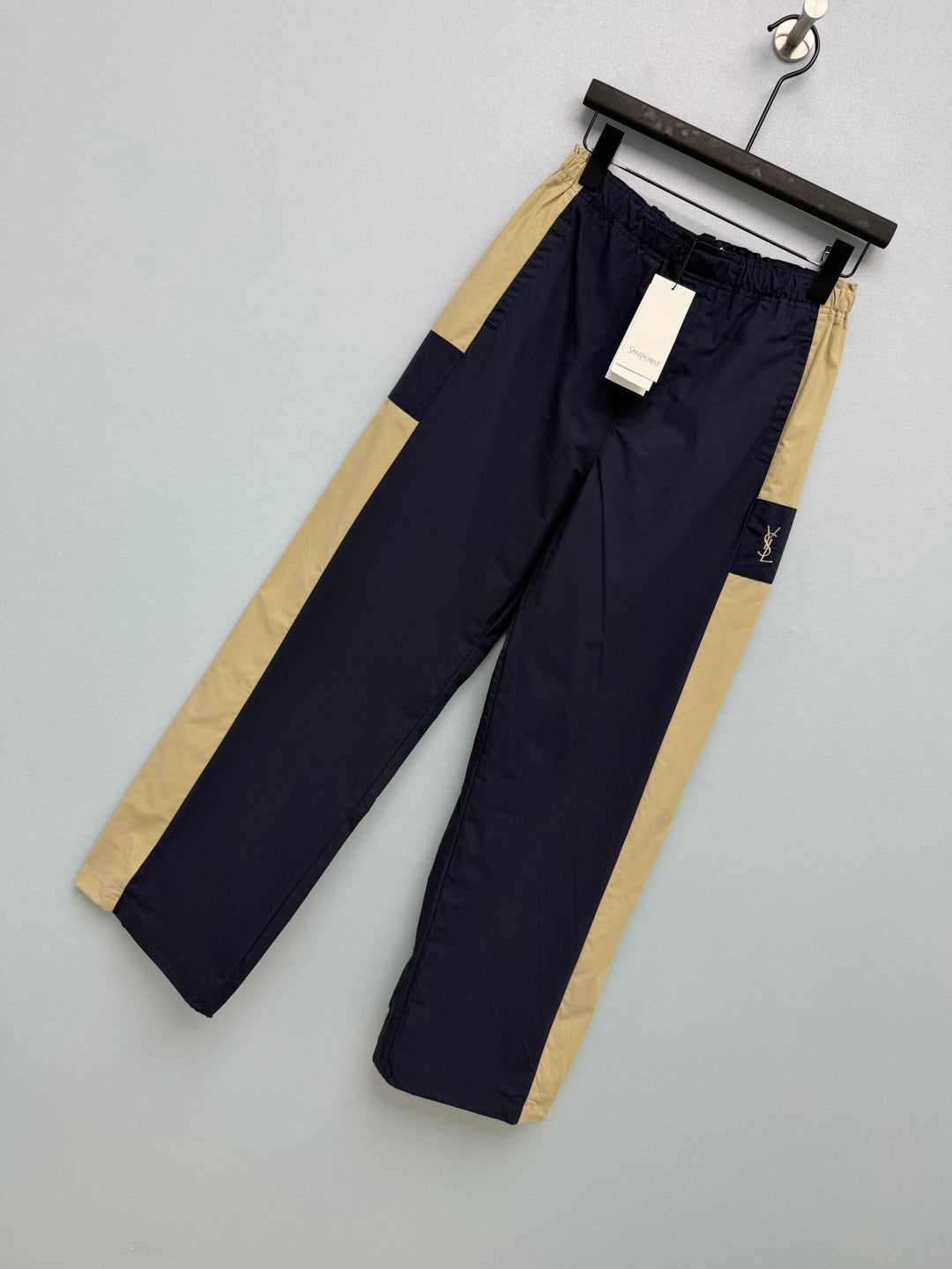 YSL Color-Blocked Elastic Waist Casual Long Pants Navy Blue Beige Linen 411613