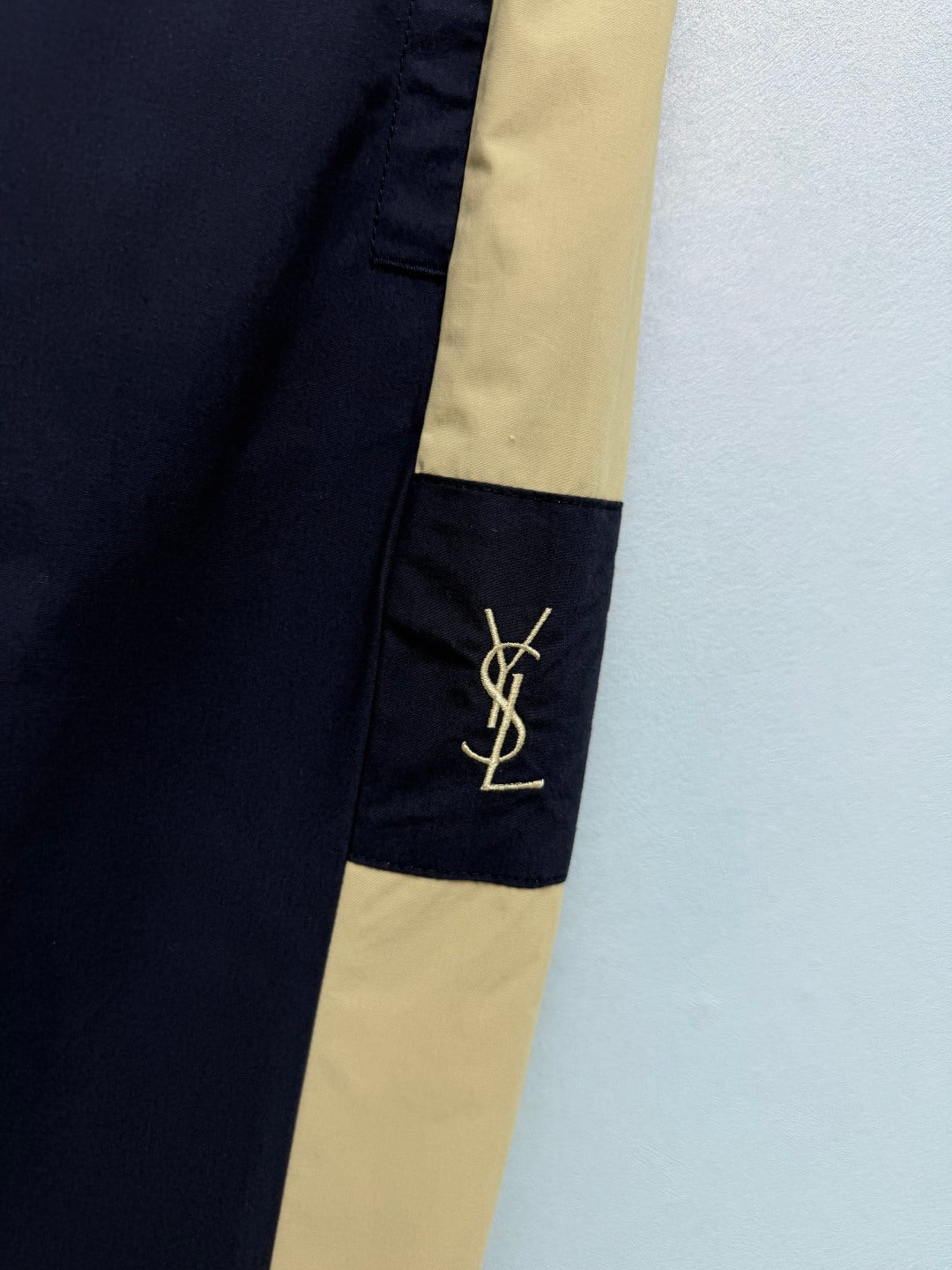YSL Color-Blocked Elastic Waist Casual Long Pants Navy Blue Beige Linen 411613