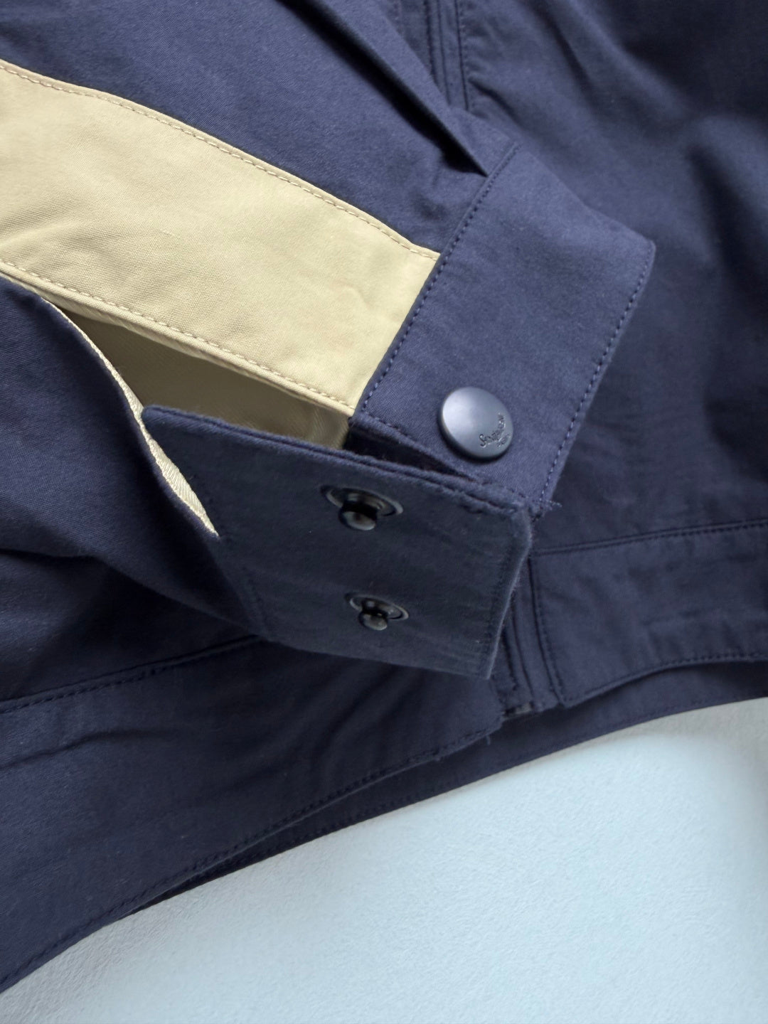 YSL Color-Blocked Stand Collar Sports Jacket Navy Blue Beige Linen 411608