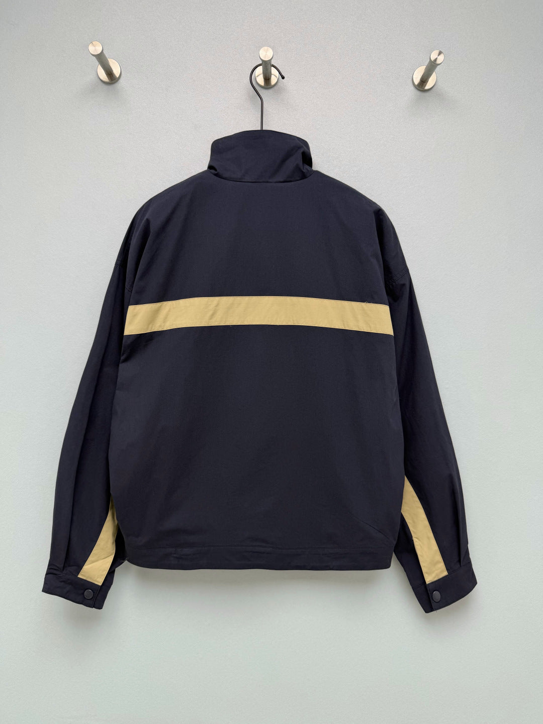 YSL Color-Blocked Stand Collar Sports Jacket Navy Blue Beige Linen 411608