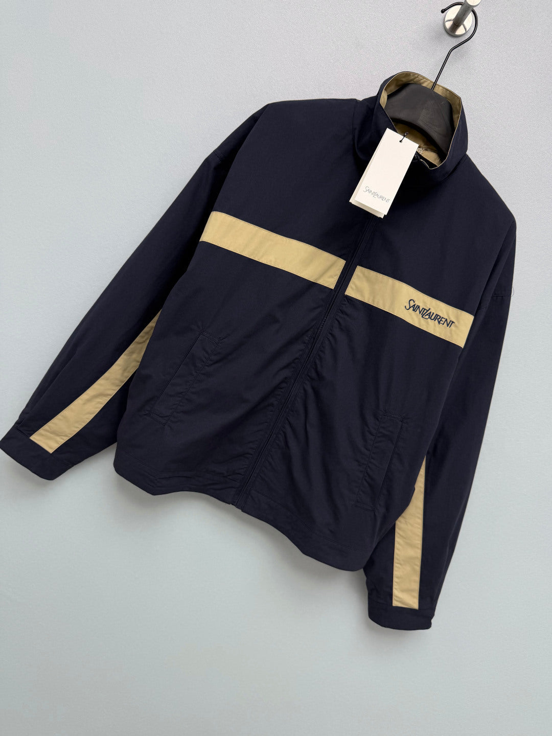 YSL Color-Blocked Stand Collar Sports Jacket Navy Blue Beige Linen 411608