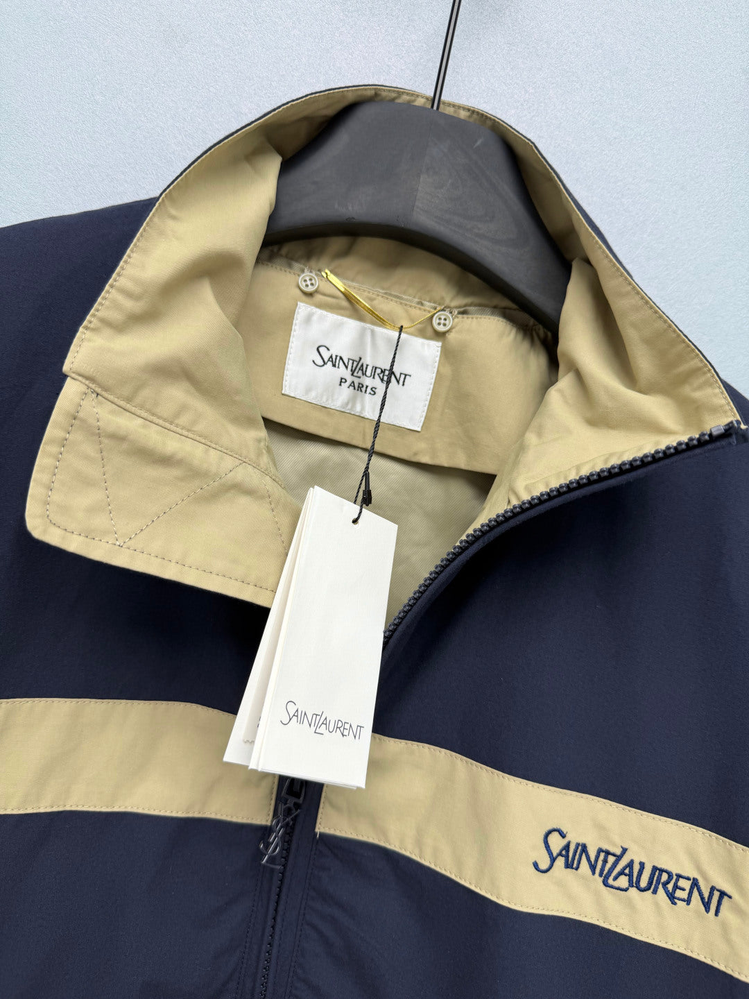 YSL Color-Blocked Stand Collar Sports Jacket Navy Blue Beige Linen 411608
