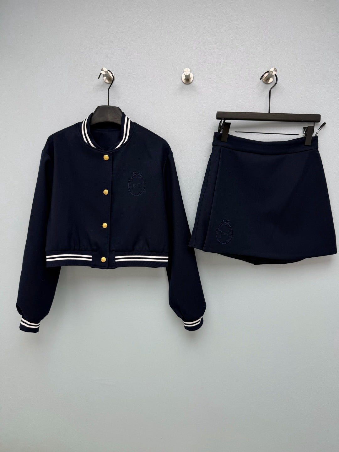Dior 26s Striped Trim Bomber Skirt Suit Navy Blue Polyester 444967