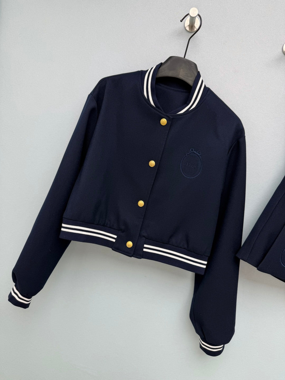 Dior 26s Striped Trim Bomber Skirt Suit Navy Blue Polyester 444967