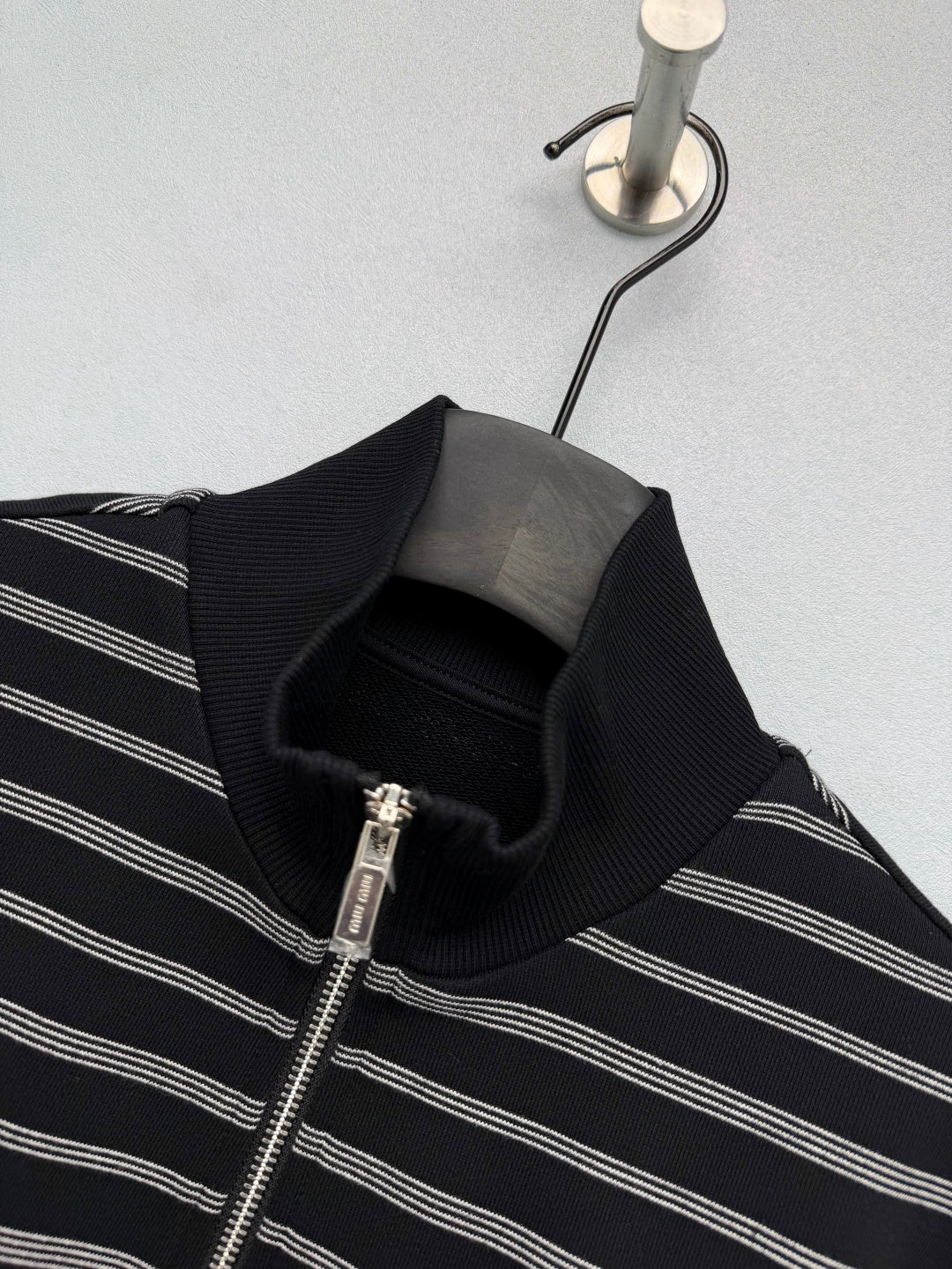 Miu Miu 26s Striped Zip Bomber Jacket Black Grey Knit 436026