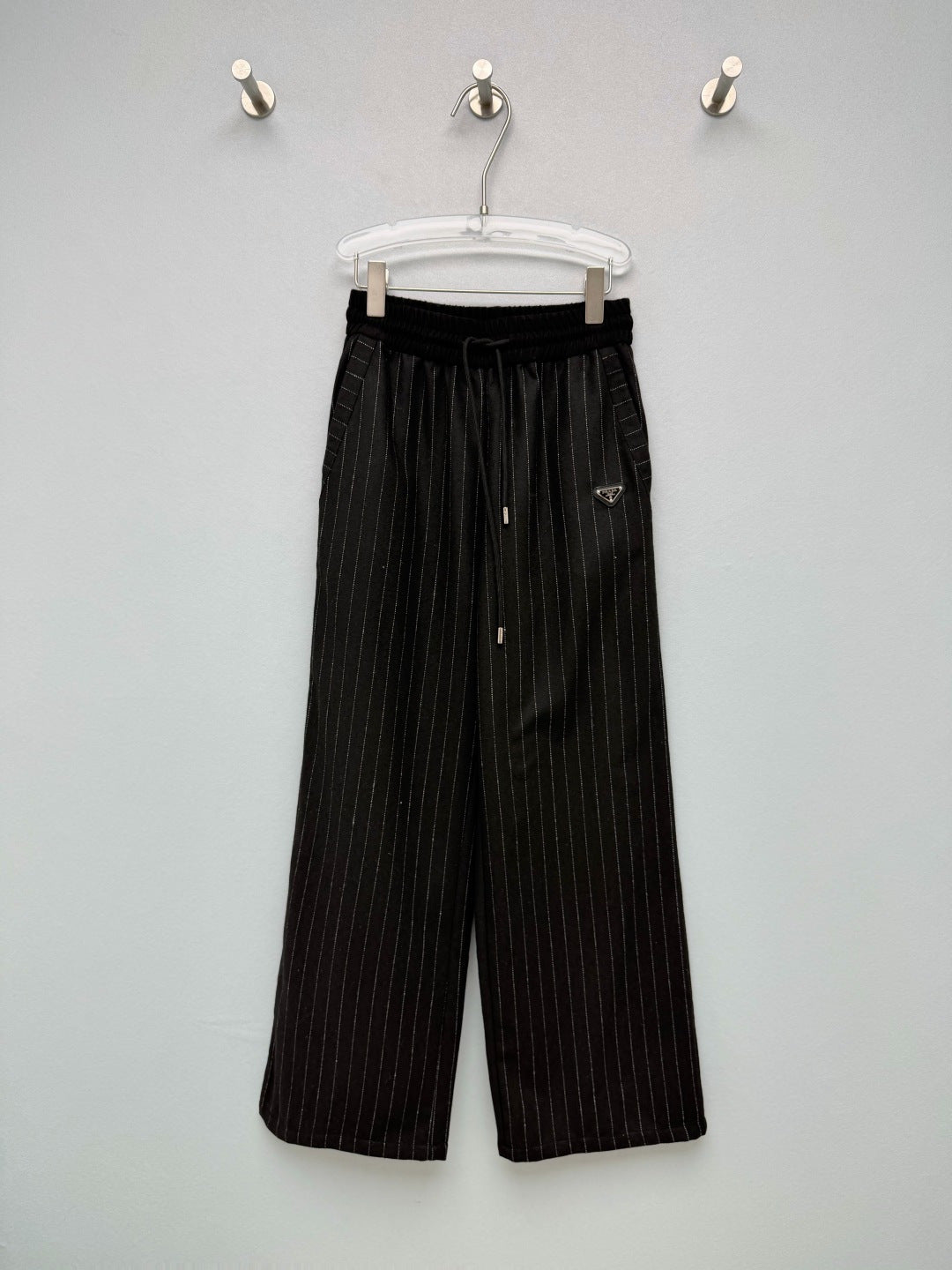 Prada 26s Pinstripe Drawstring Wide Leg Pants Black Grey 444974
