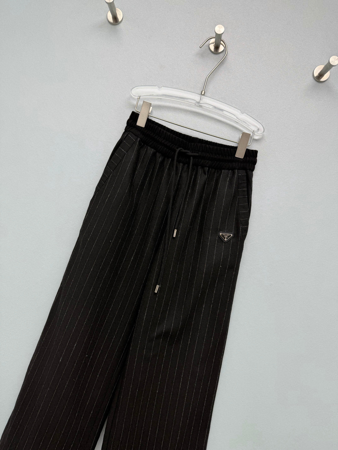 Prada 26s Pinstripe Drawstring Wide Leg Pants Black Grey 444974