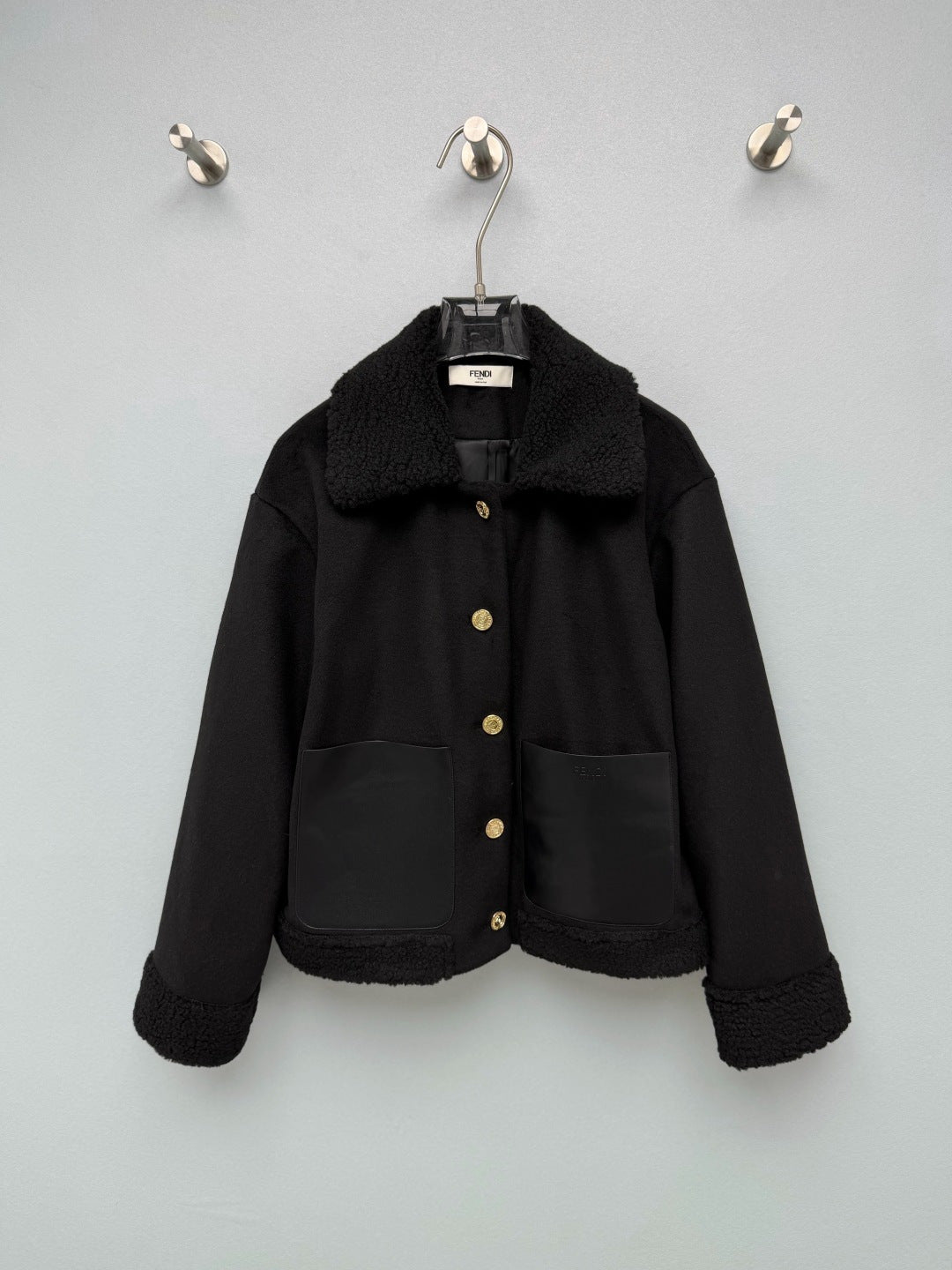 Fendi 26s Shearling Collar Denim Pocket Jacket Black Cotton 444872