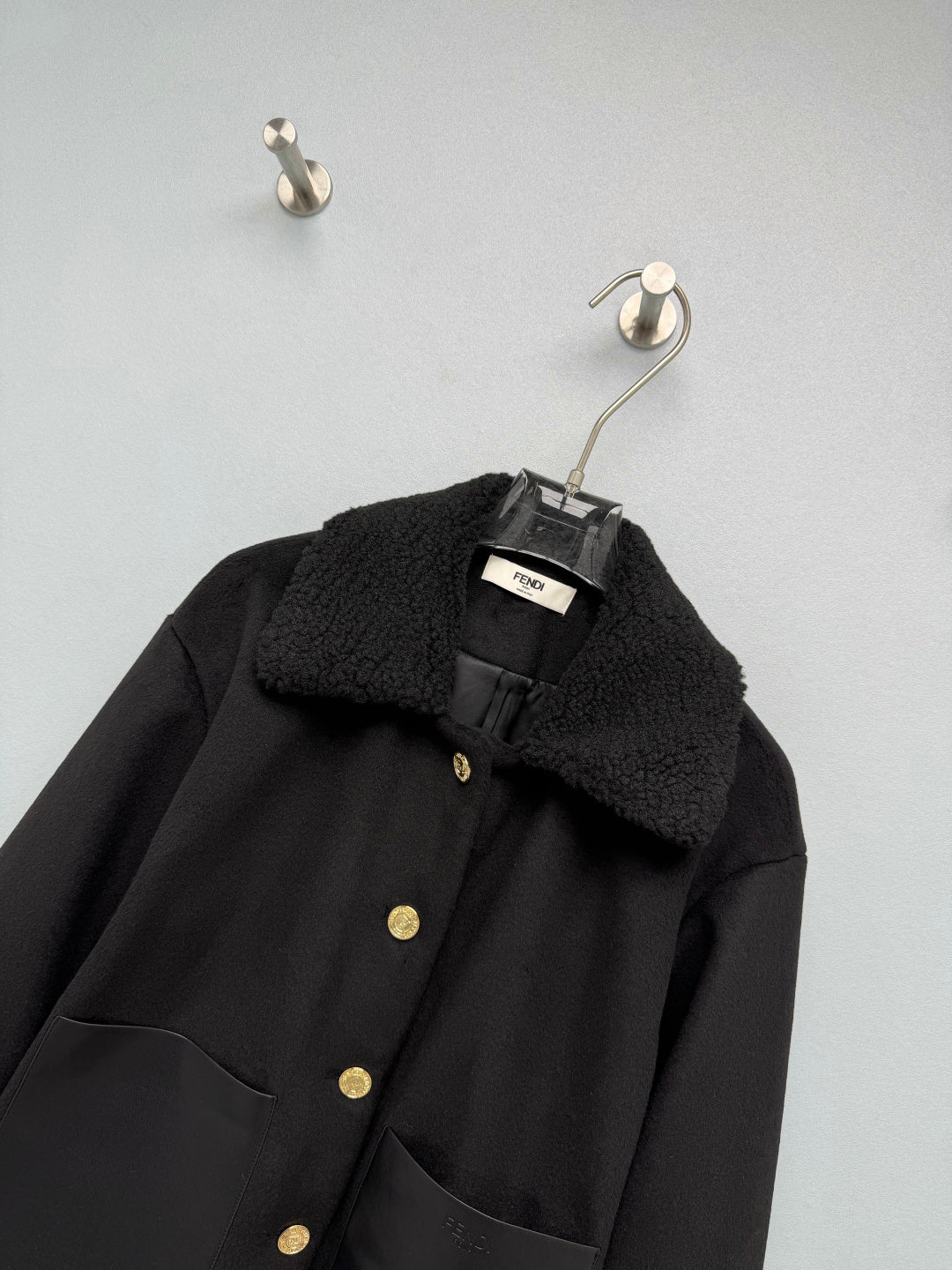 Fendi 26s Shearling Collar Denim Pocket Jacket Black Cotton 444872