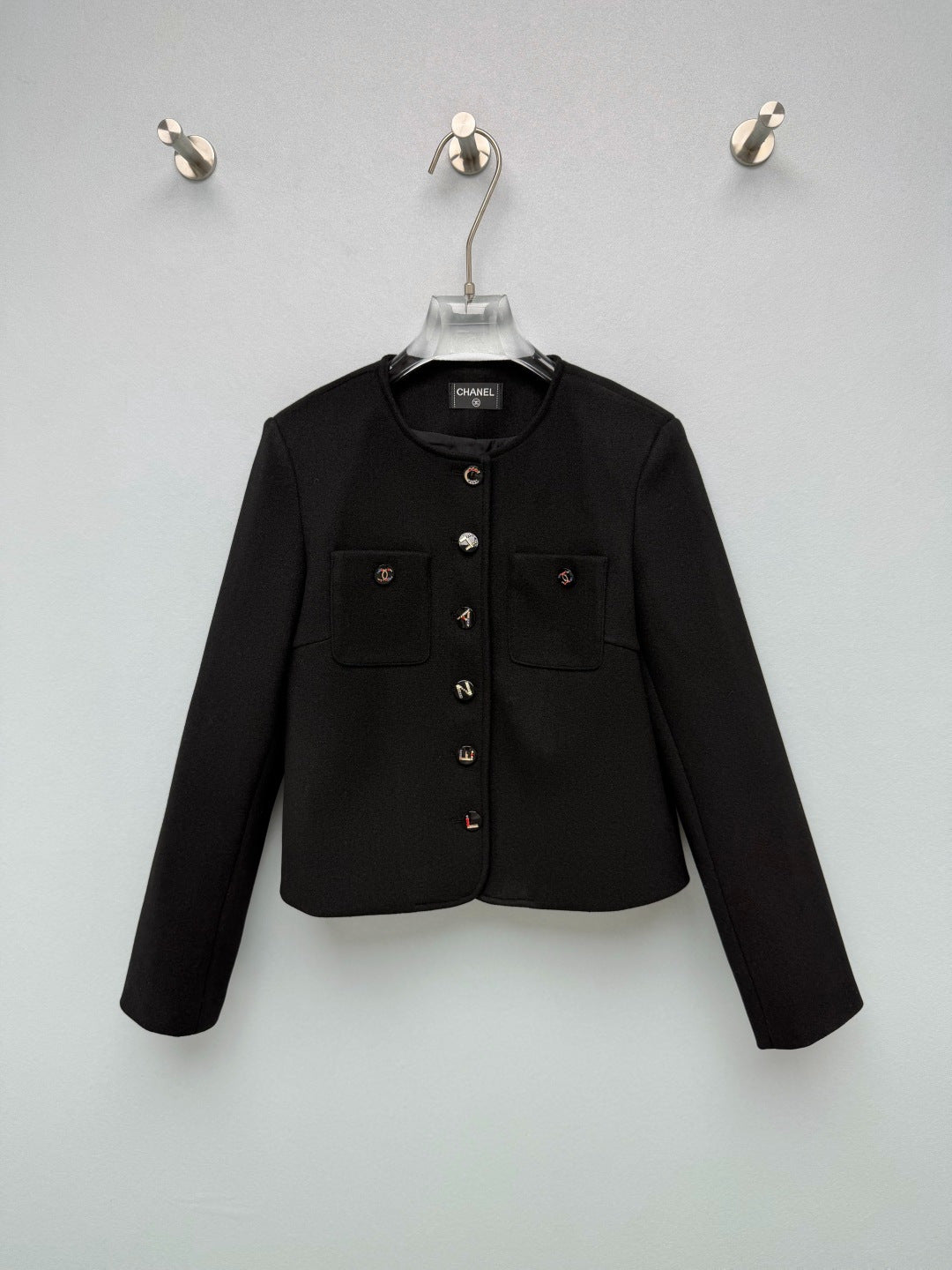 Chanel 26s CC Charms Button Cropped Jacket Black Wool 444873