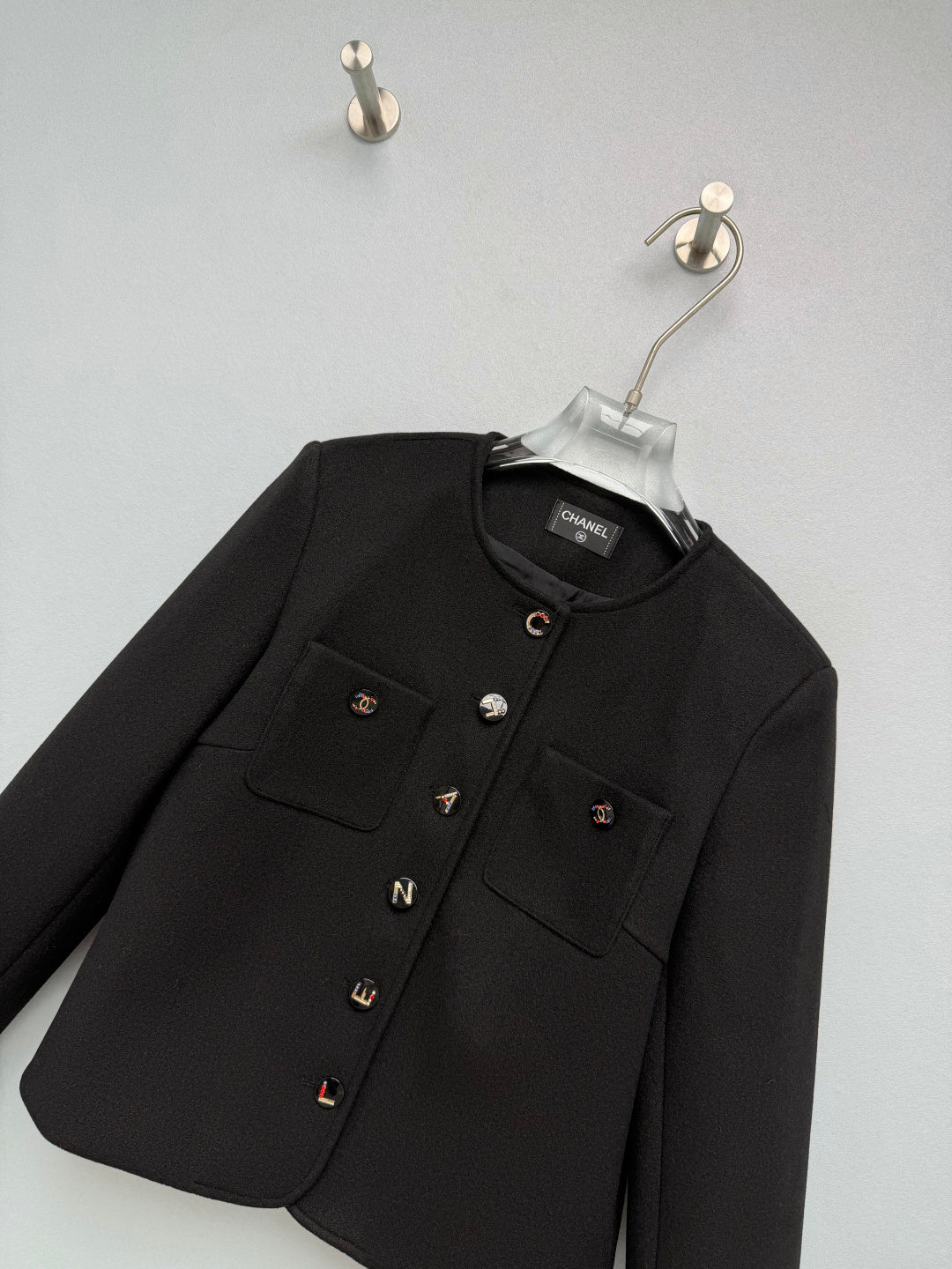 Chanel 26s CC Charms Button Cropped Jacket Black Wool 444873