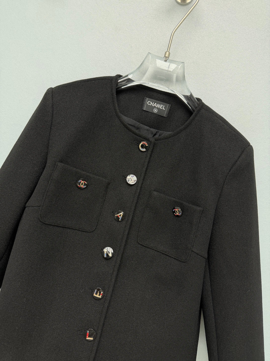 Chanel 26s CC Charms Button Cropped Jacket Black Wool 444873