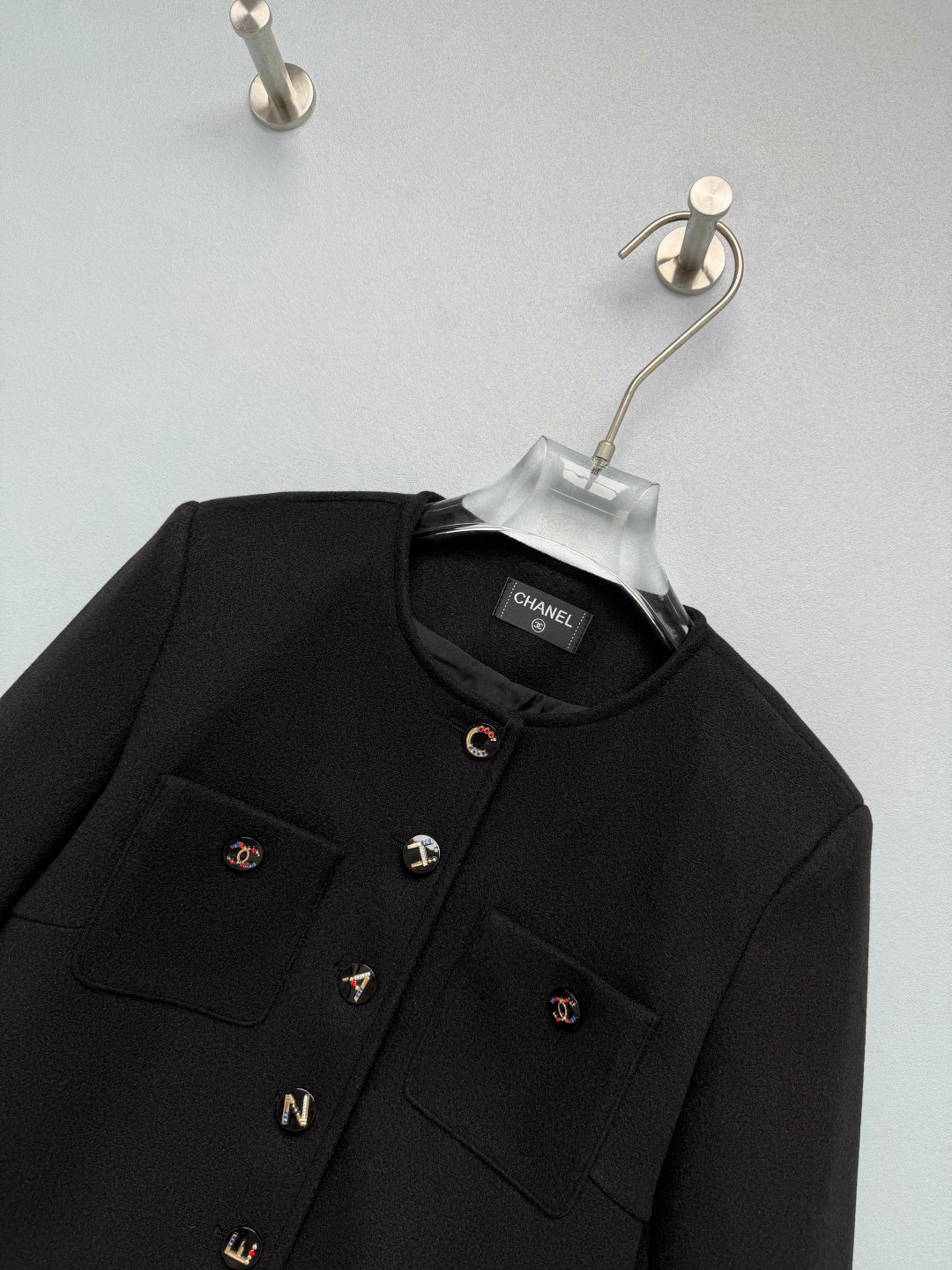 Chanel 26s CC Charms Button Cropped Jacket Black Wool 444873