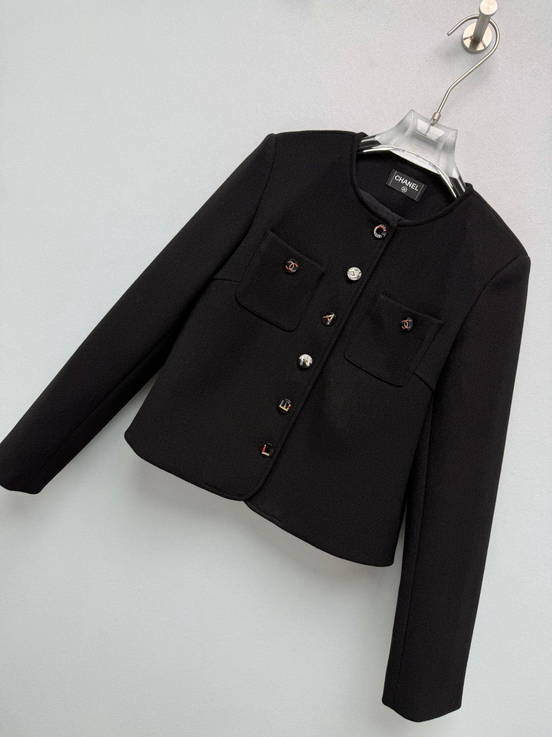 Chanel 26s CC Charms Button Cropped Jacket Black Wool 444873