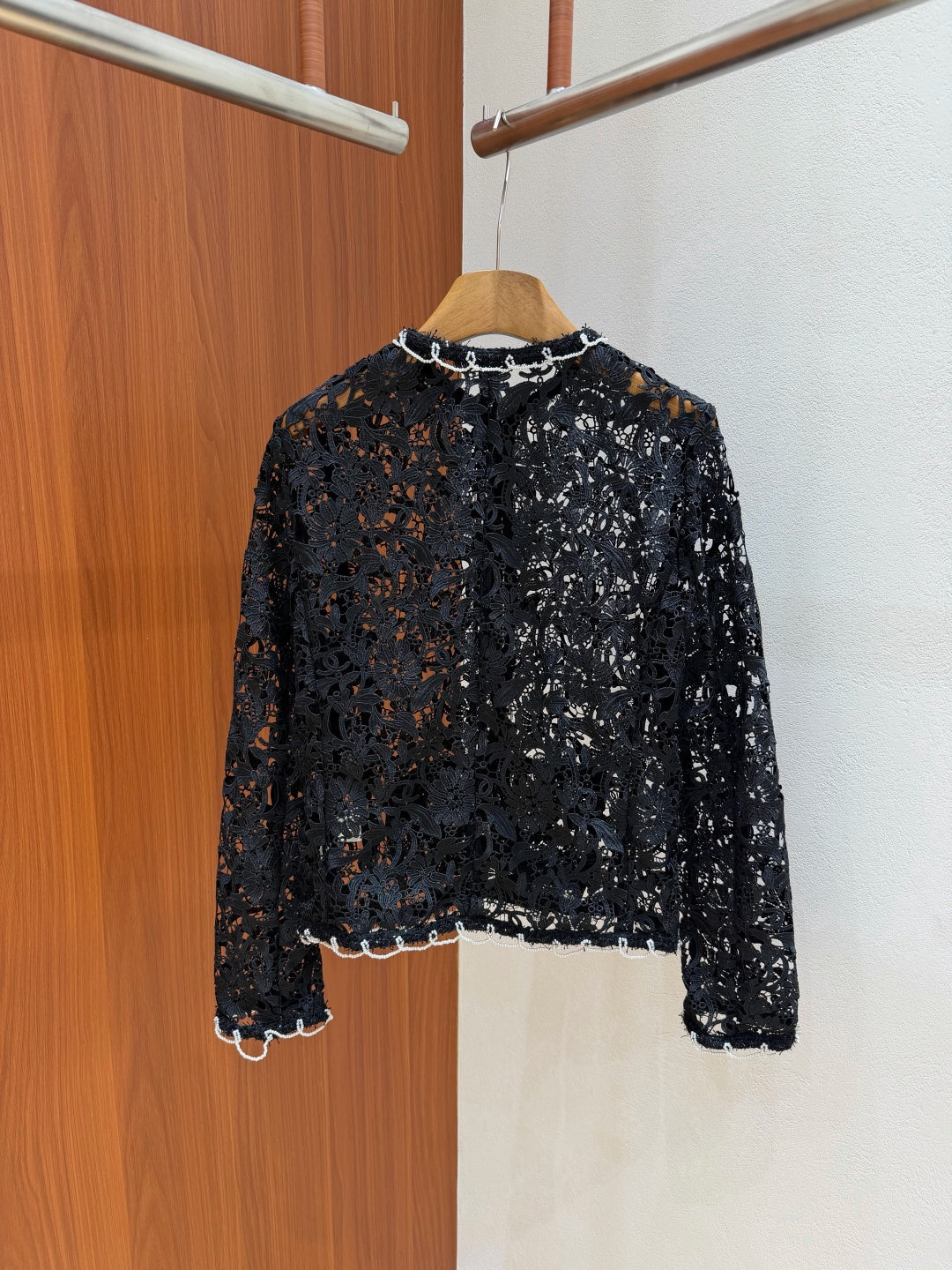 Chanel 26s Pearl Trim Guipure Lace Jacket Black Polyester 444644