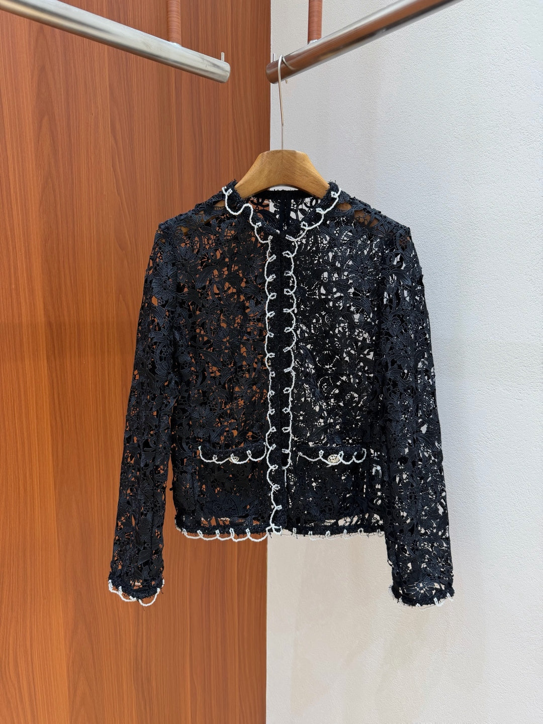 Chanel 26s Pearl Trim Guipure Lace Jacket Black Polyester 444644