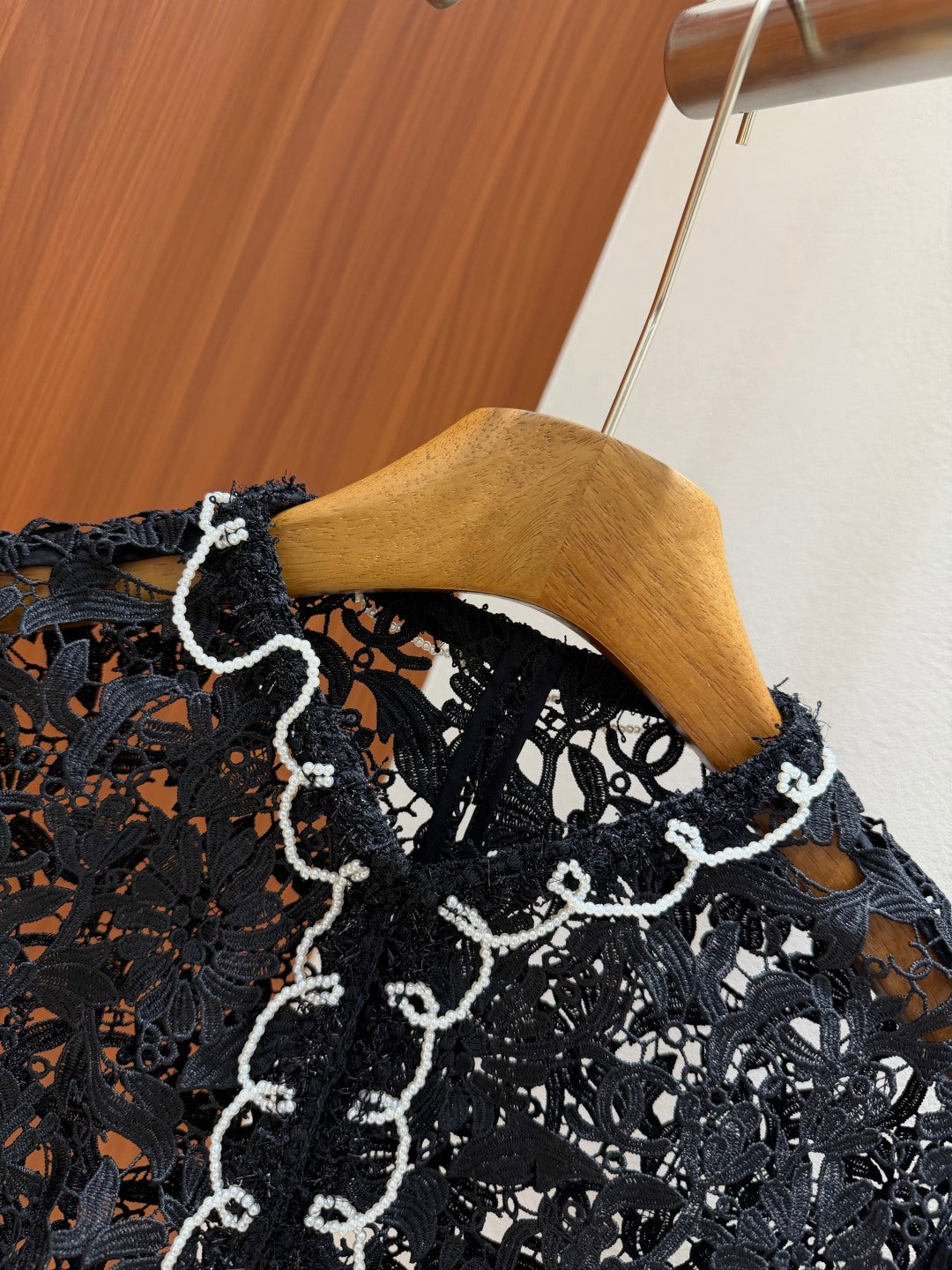 Chanel 26s Pearl Trim Guipure Lace Jacket Black Polyester 444644