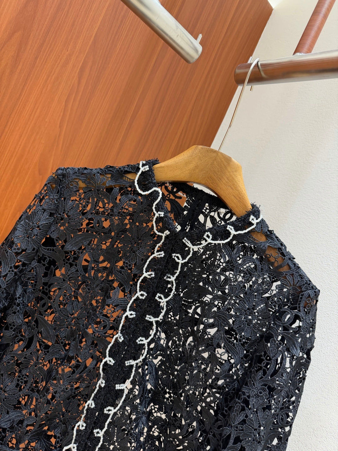 Chanel 26s Pearl Trim Guipure Lace Jacket Black Polyester 444644