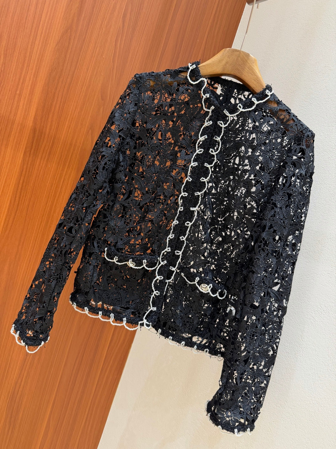 Chanel 26s Pearl Trim Guipure Lace Jacket Black Polyester 444644