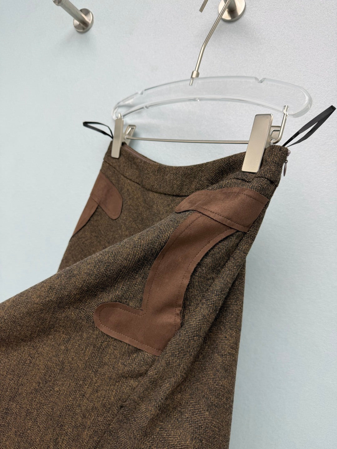 Chanel 26s Leather Pocket Trim A-Line Skirt Brown Wool Blend 444643