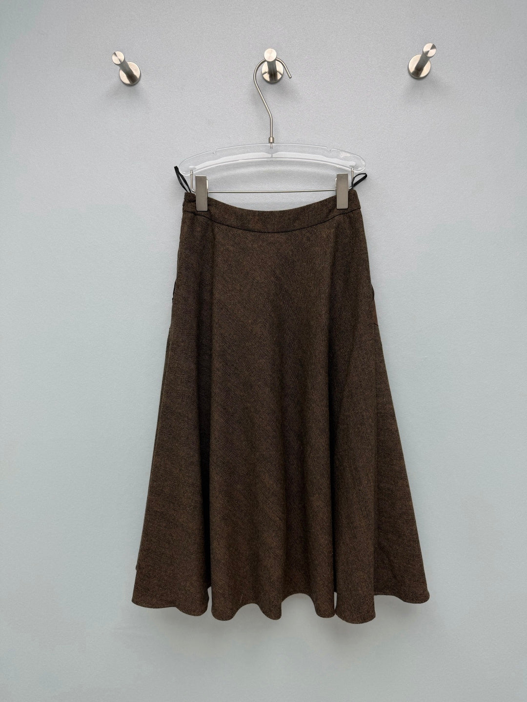 Chanel 26s Leather Pocket Trim A-Line Skirt Brown Wool Blend 444643