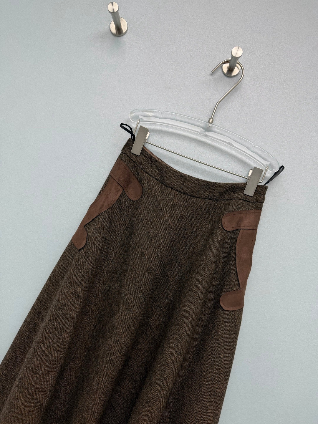 Chanel 26s Leather Pocket Trim A-Line Skirt Brown Wool Blend 444643