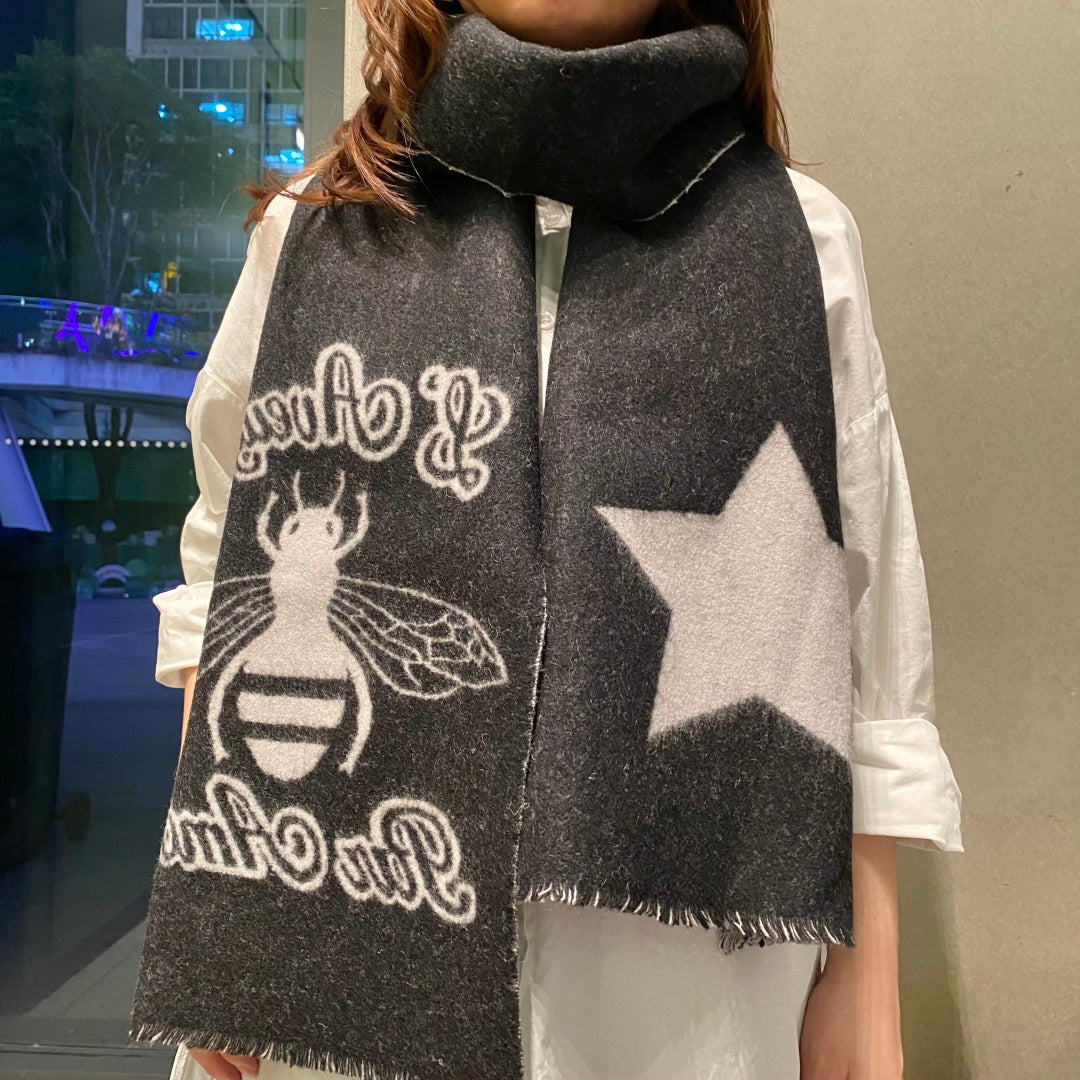 GG Double G Jacquard Scarf 180CM Black Gray Wool 283098