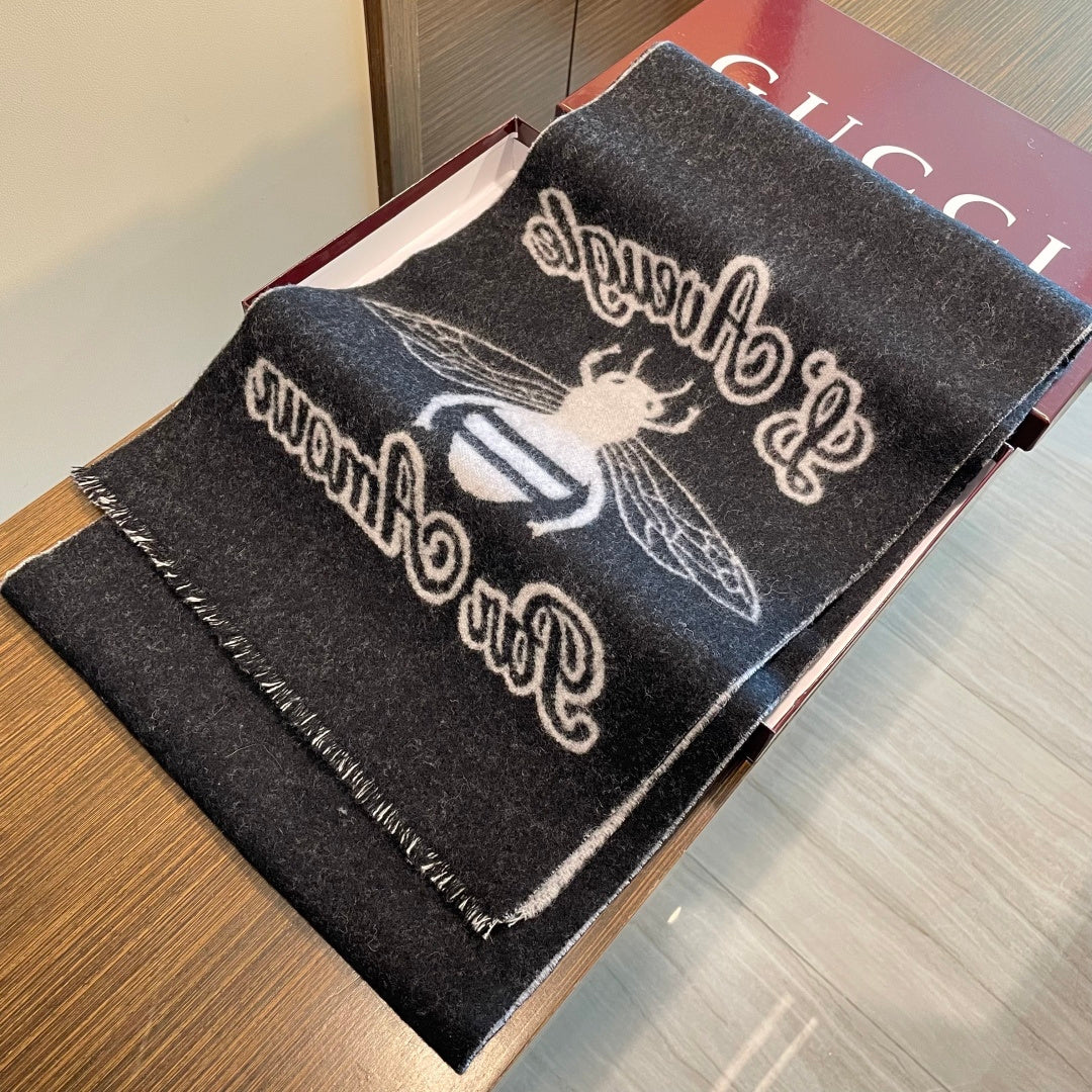 GG Double G Jacquard Scarf 180CM Black Gray Wool 283098