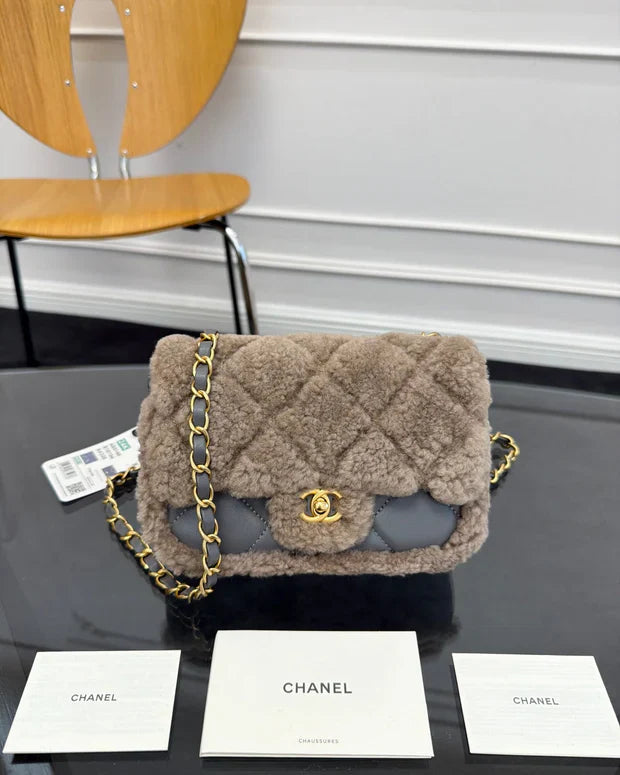 Chane 2026 Flap Bag Grey Beige Shearling Leather