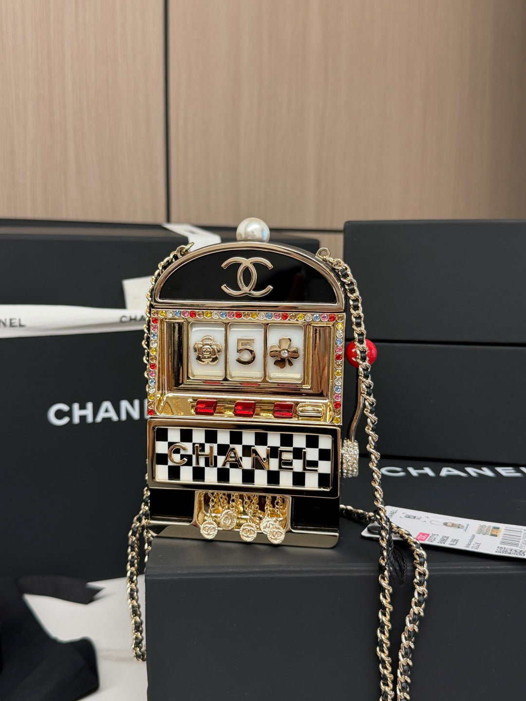 CC Resin Crystal Slot Machine Minaudiere Black Gold White Red Steel Cowhide Rhinestones