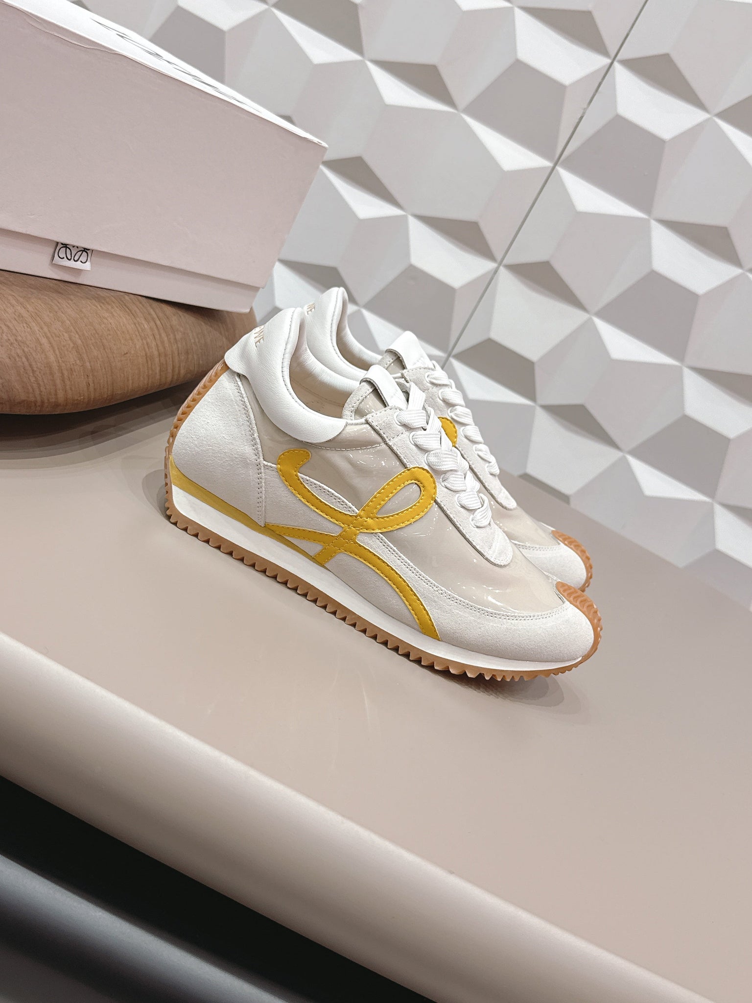 Loewe 26s Flow Runner Sneaker In White Yellow Suede And Clear Plastic And Calfskin