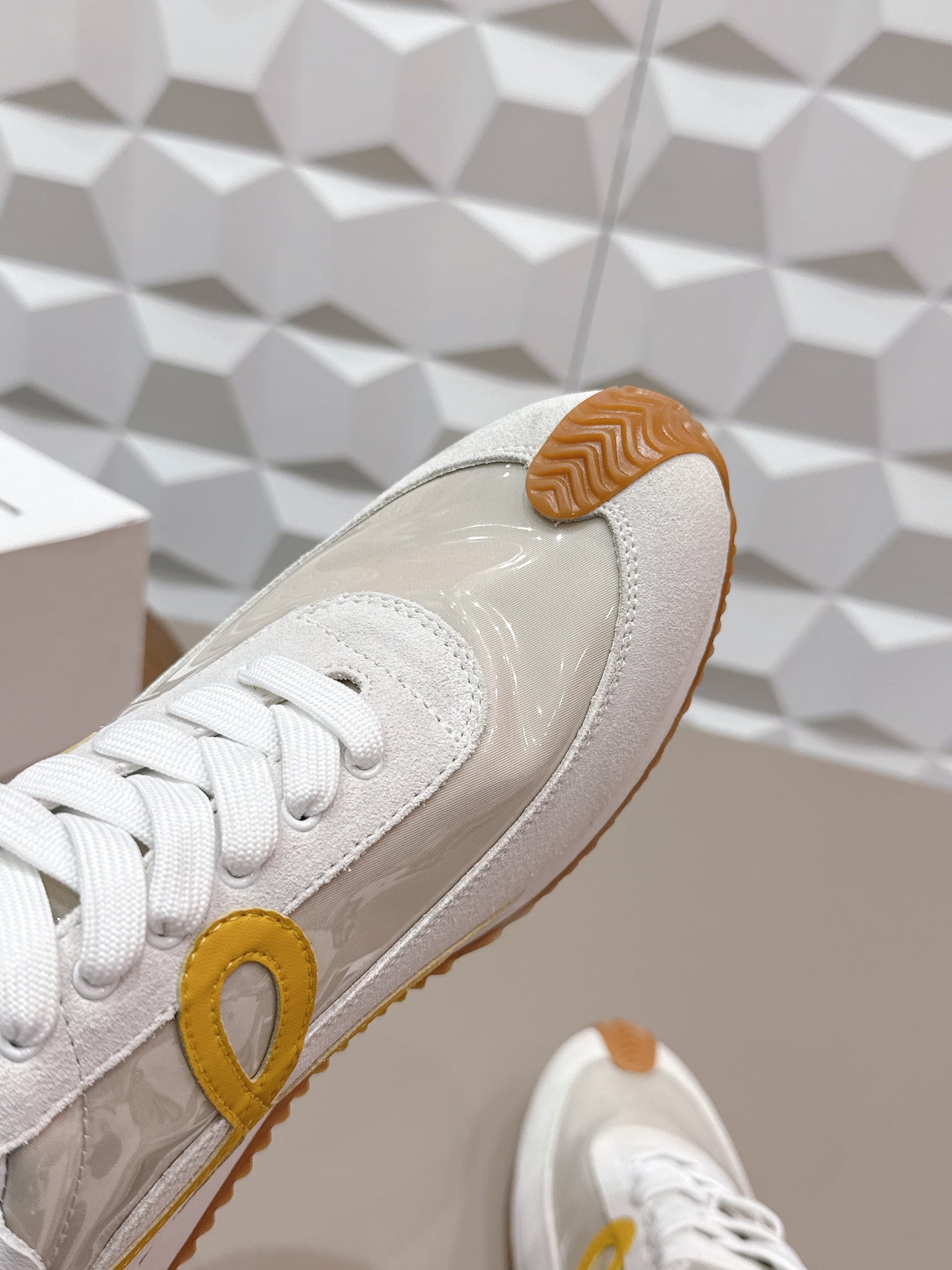 Loewe 26s Flow Runner Sneaker In White Yellow Suede And Clear Plastic And Calfskin