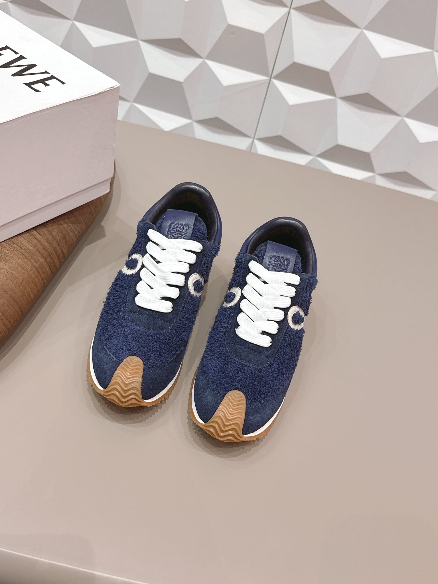 Loewe 26s Flow Runner Sneaker In Navy Blue Suede And Teddy Fabric And Calfskin