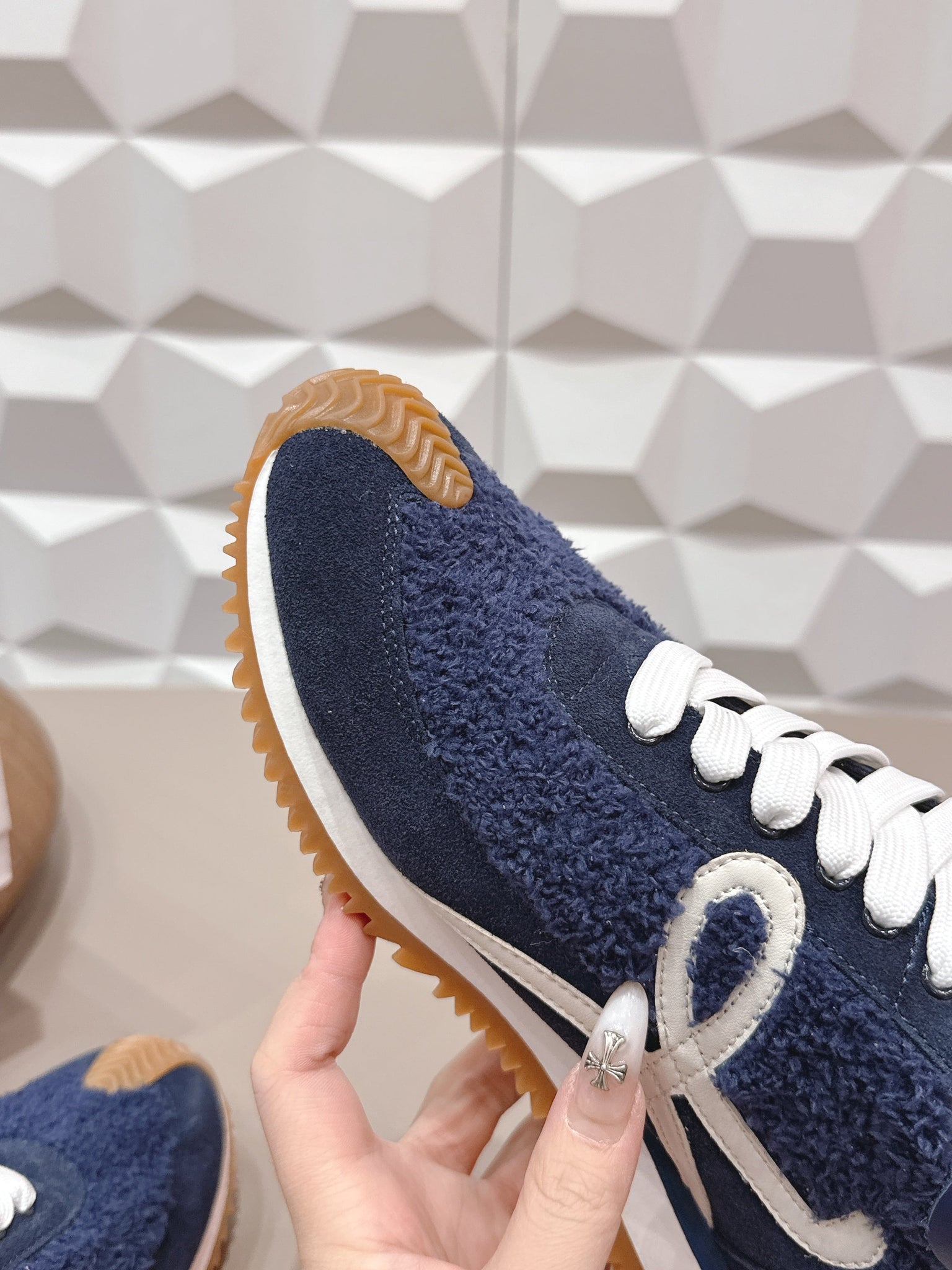 Loewe 26s Flow Runner Sneaker In Navy Blue Suede And Teddy Fabric And Calfskin