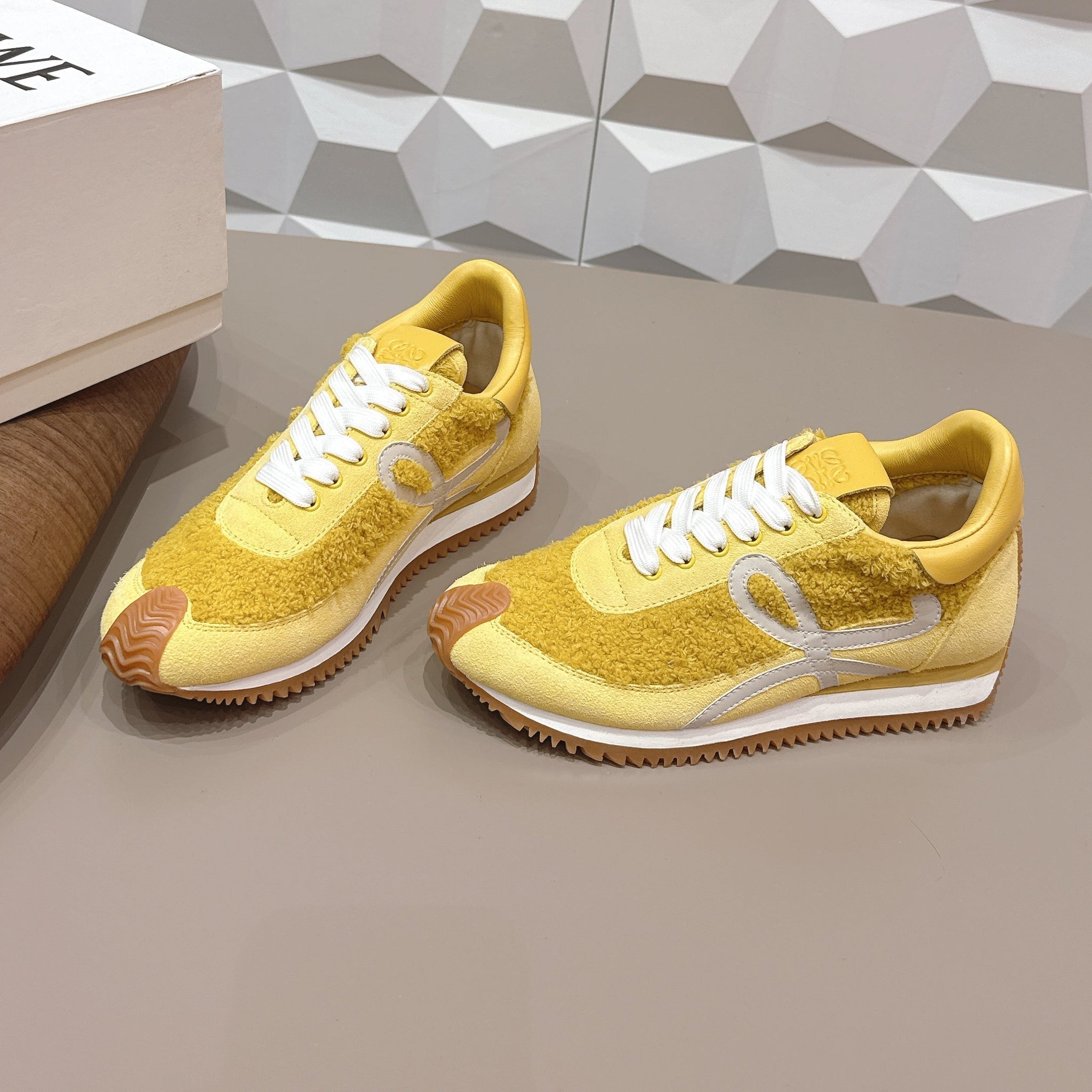 Loewe 26s Flow Runner Sneaker In Yellow Suede And Teddy Fabric And Calfskin