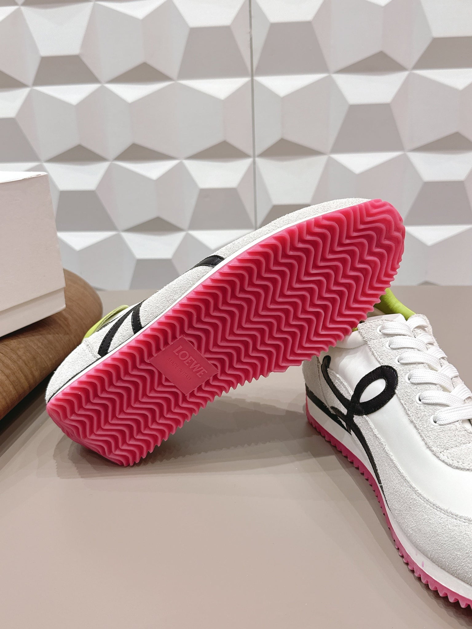 Loewe 26s Flow Runner Sneaker In Light Gray Suede And Lime Yellow And Black Calfskin