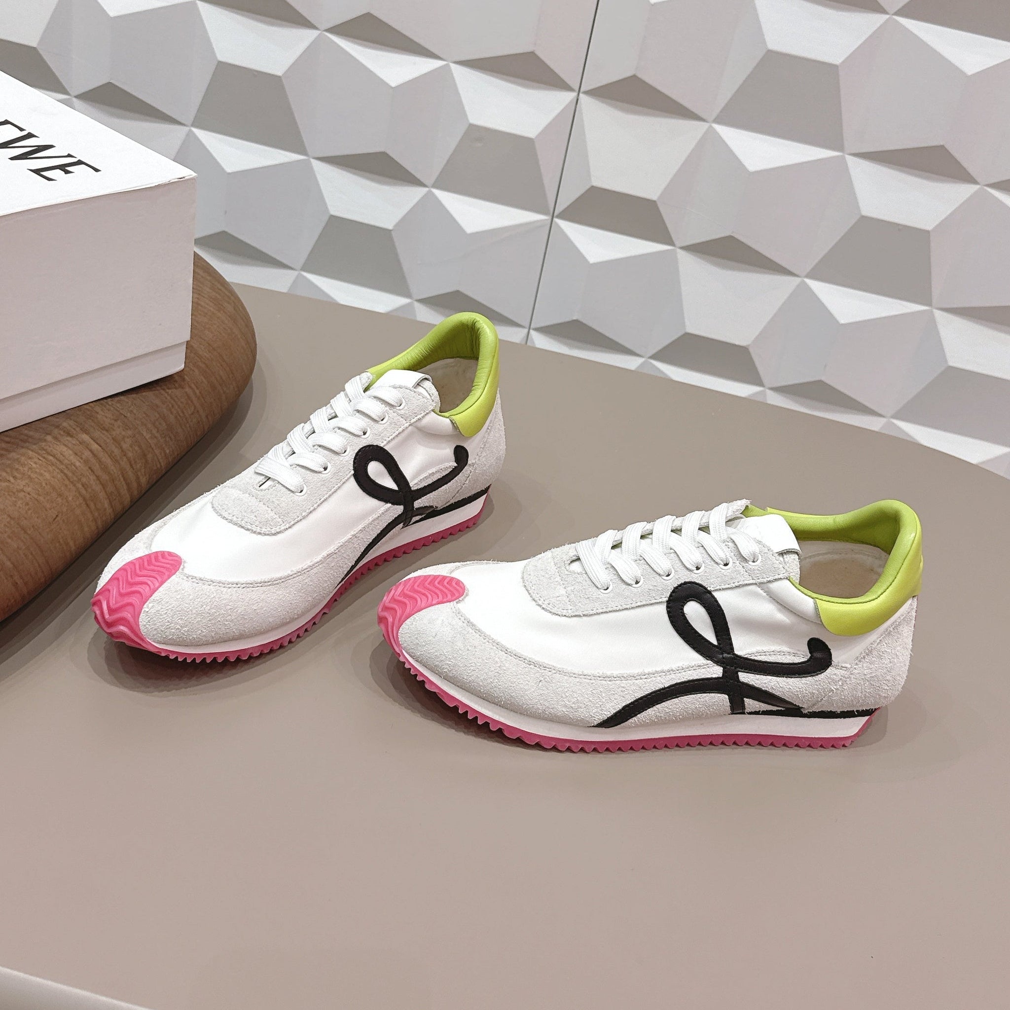 Loewe 26s Flow Runner Sneaker In Light Gray Suede And Lime Yellow And Black Calfskin