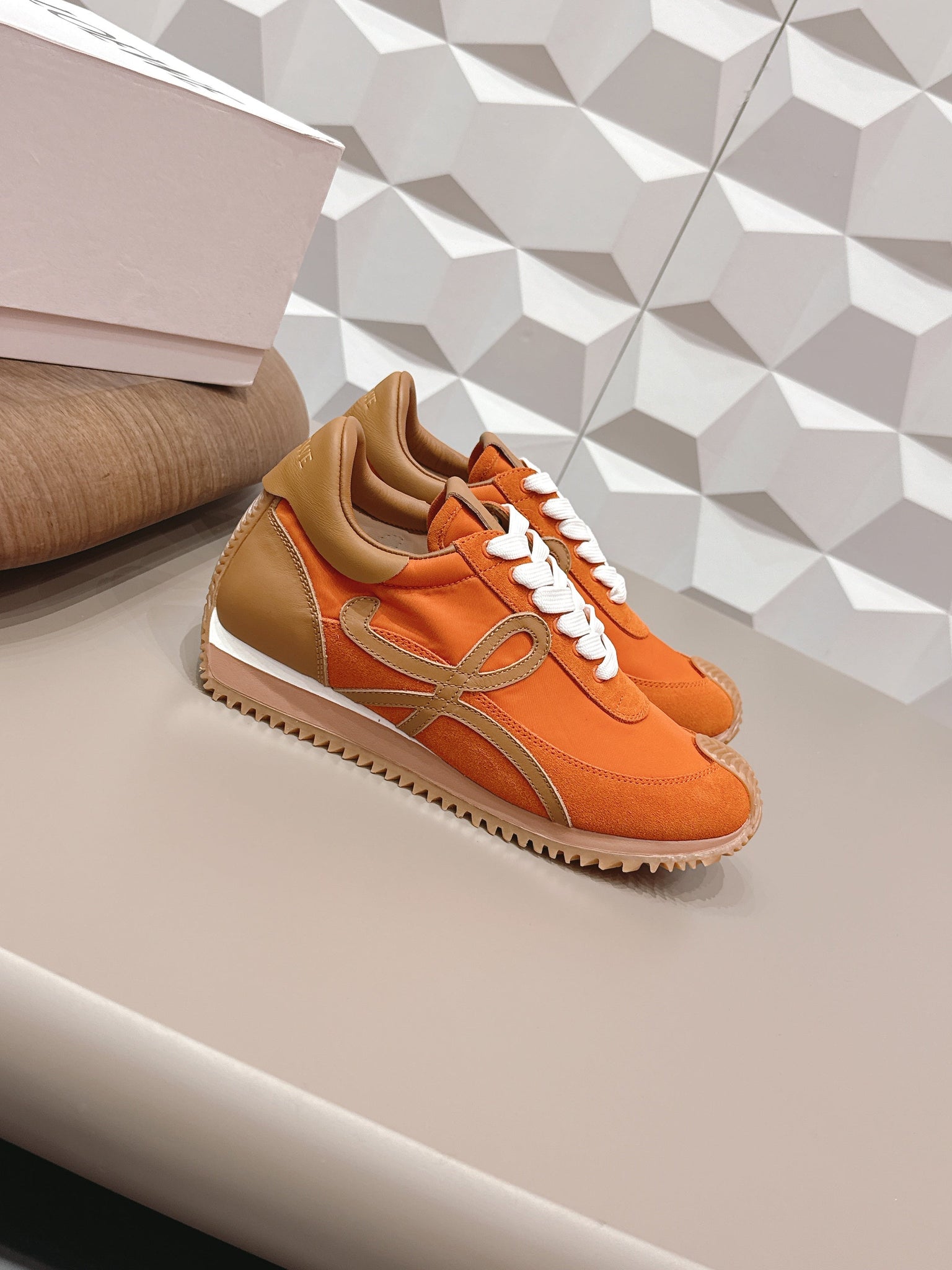 Loewe 26s Flow Runner Sneaker In Orange Suede And Brown Calfskin