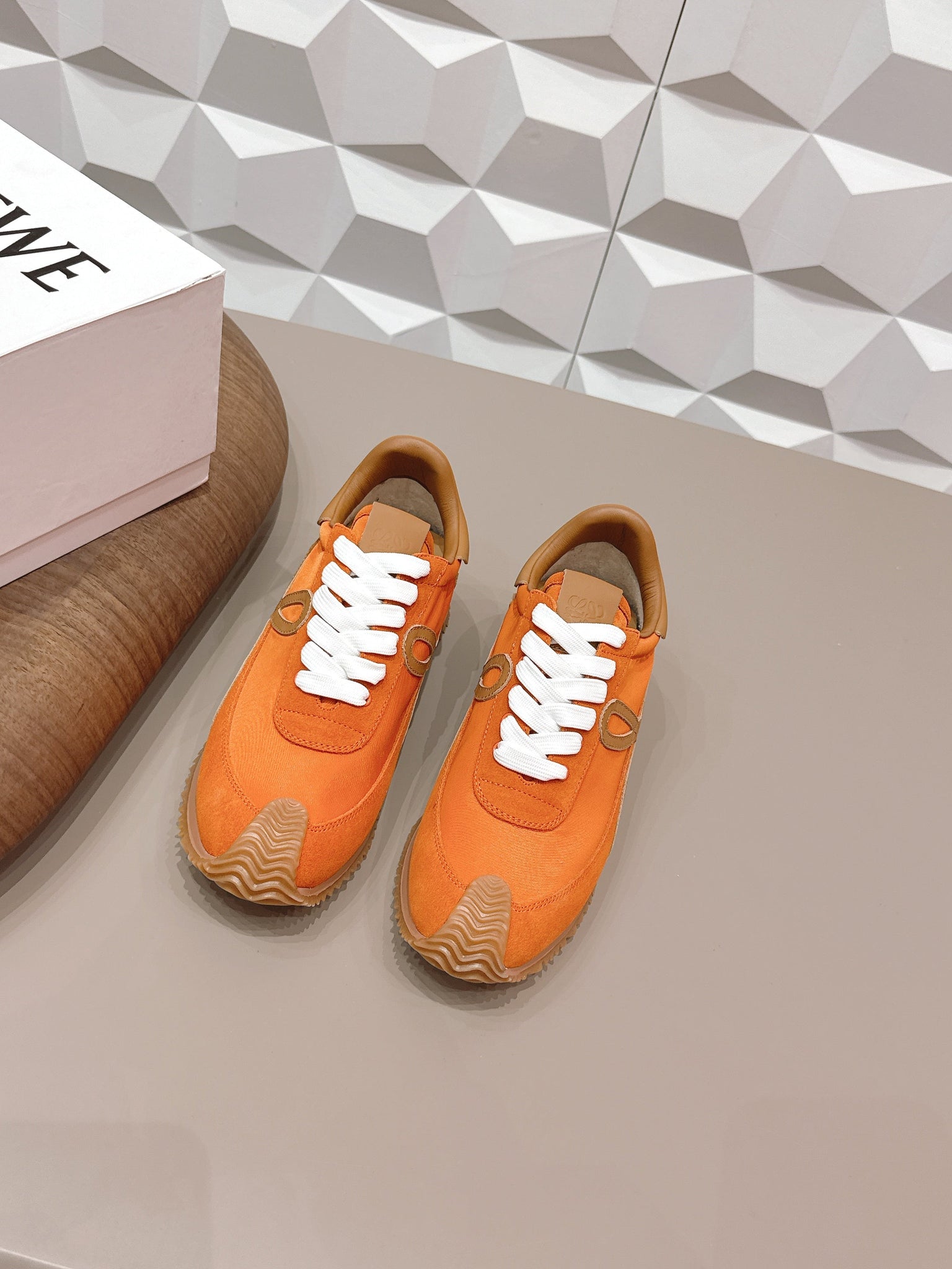 Loewe 26s Flow Runner Sneaker In Orange Suede And Brown Calfskin