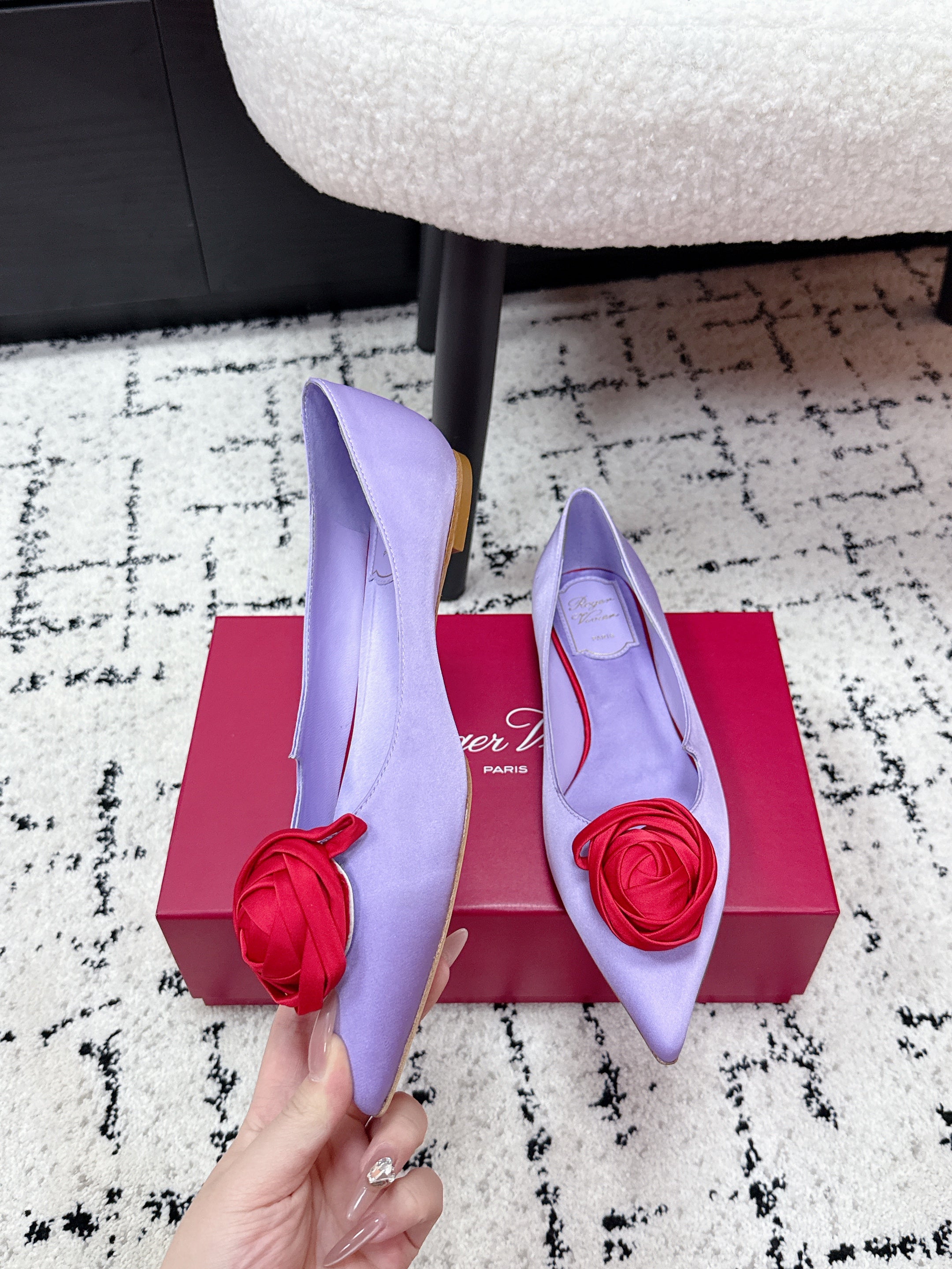 RV Rose Vivier Flower Slingback Flat Purple Red  Satin 617287