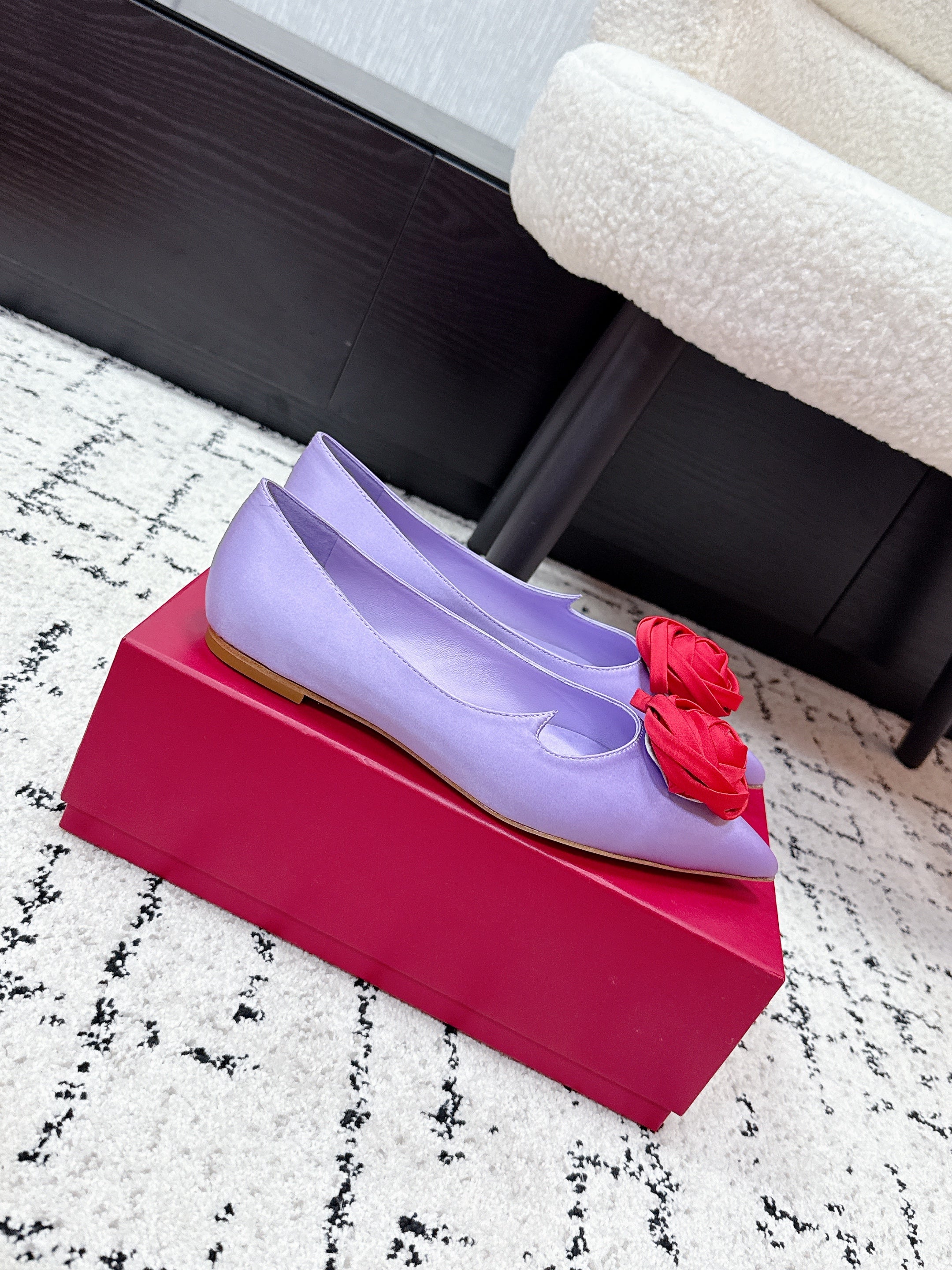 RV Rose Vivier Flower Slingback Flat Purple Red  Satin 617287