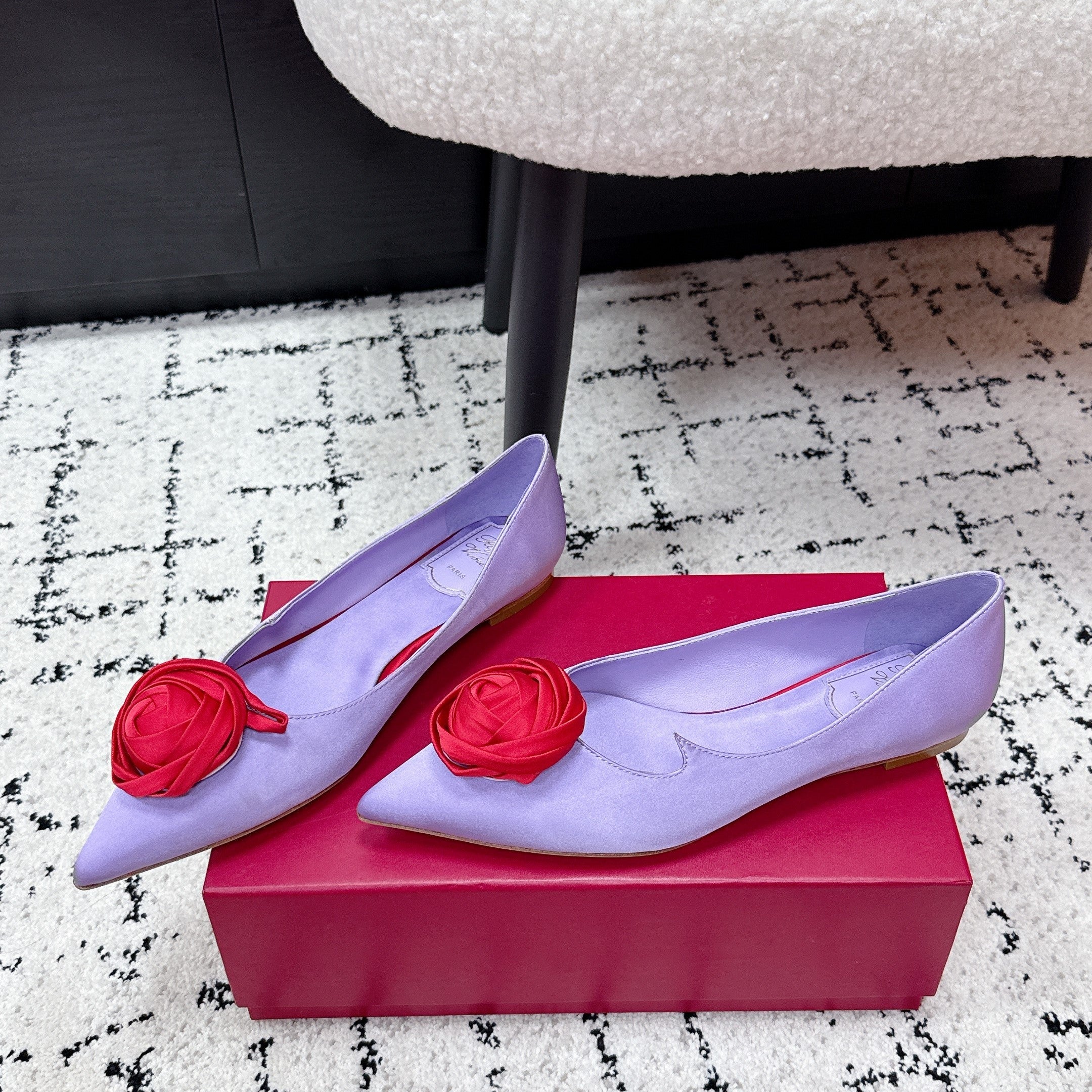 RV Rose Vivier Flower Slingback Flat Purple Red  Satin 617287