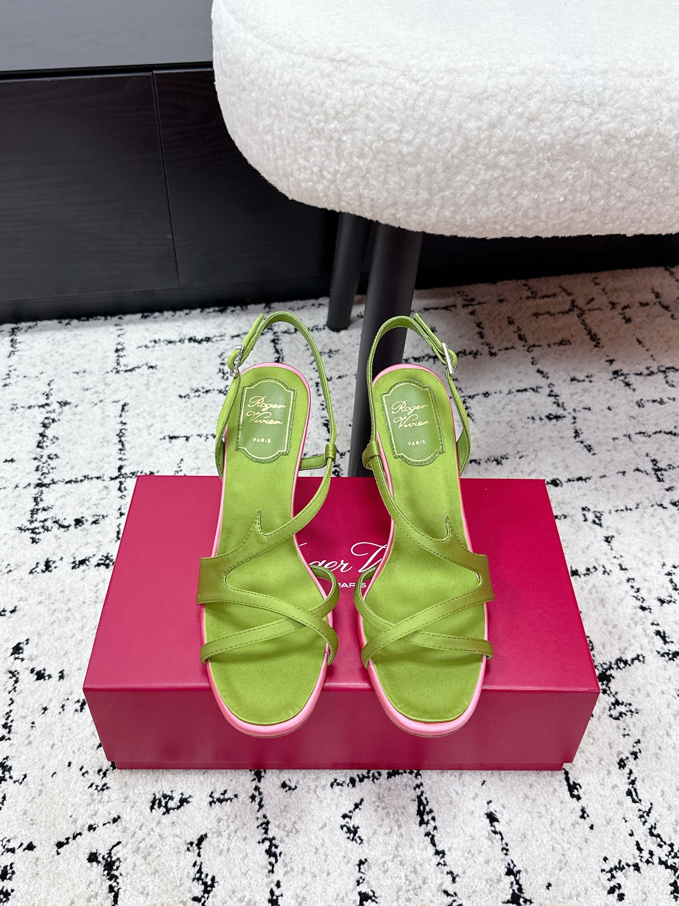 RV Rose Vivier Sandals 10cm Olive Green Satin 617305
