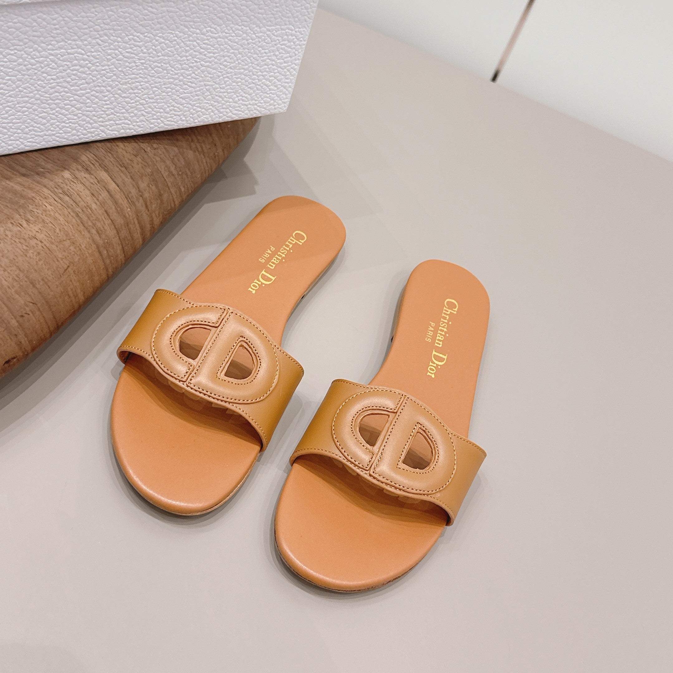 CD 26s Round-Toe Slide Sandals Tan Calfskin 738238